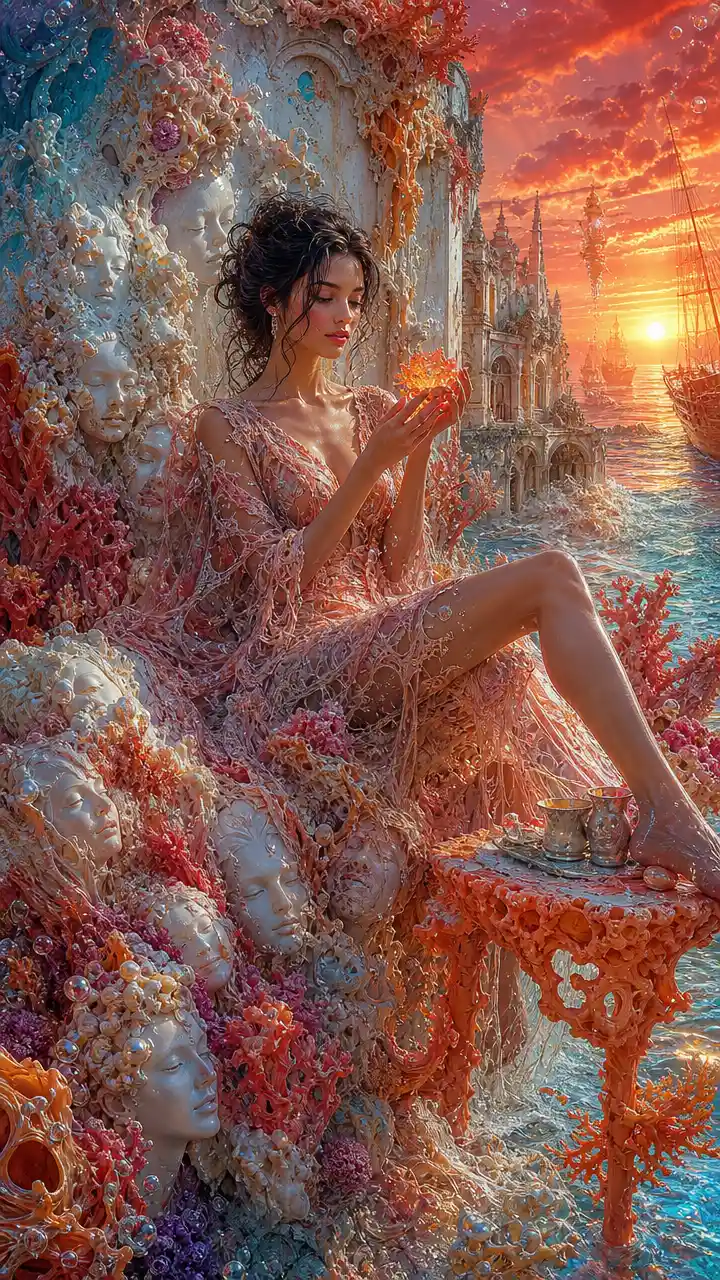 Surreal woman fused with coral in luminous seascape