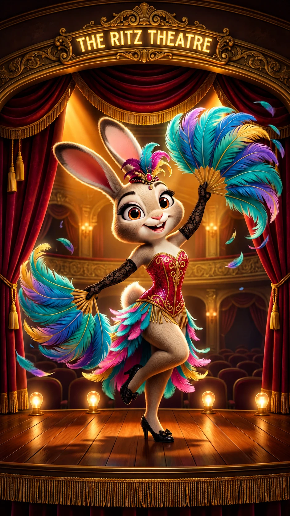 Cute 3D rabbit dancer on a vintage theater stage
