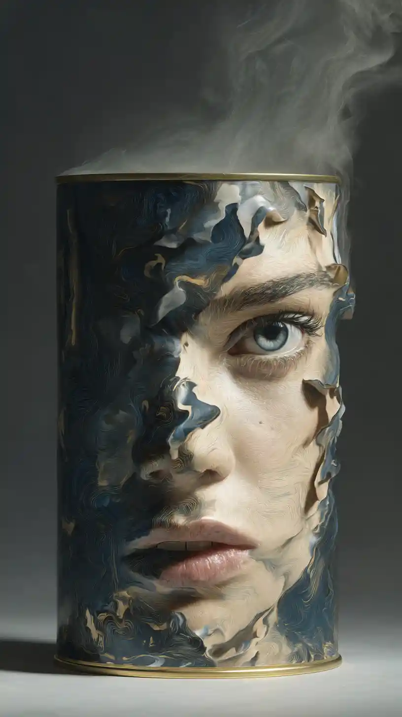 Sensual surreal woman emerging from a can toward viewer