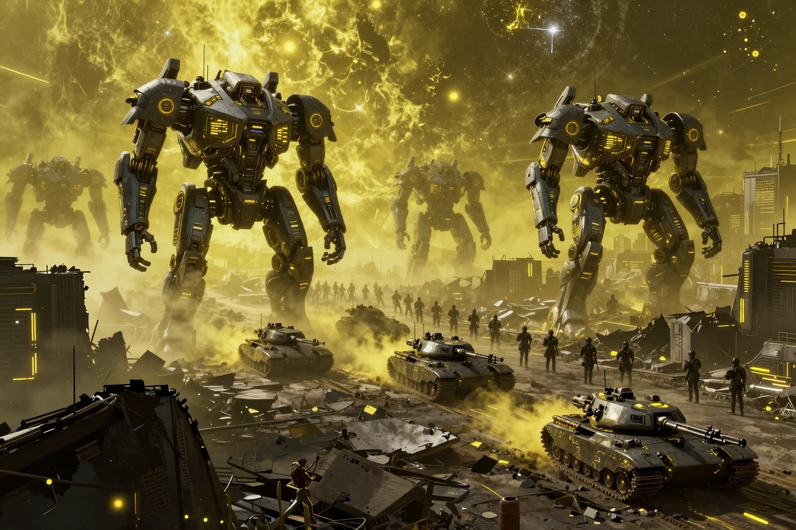 Futuristic super soldiers and mechs in a ruined sci fi city