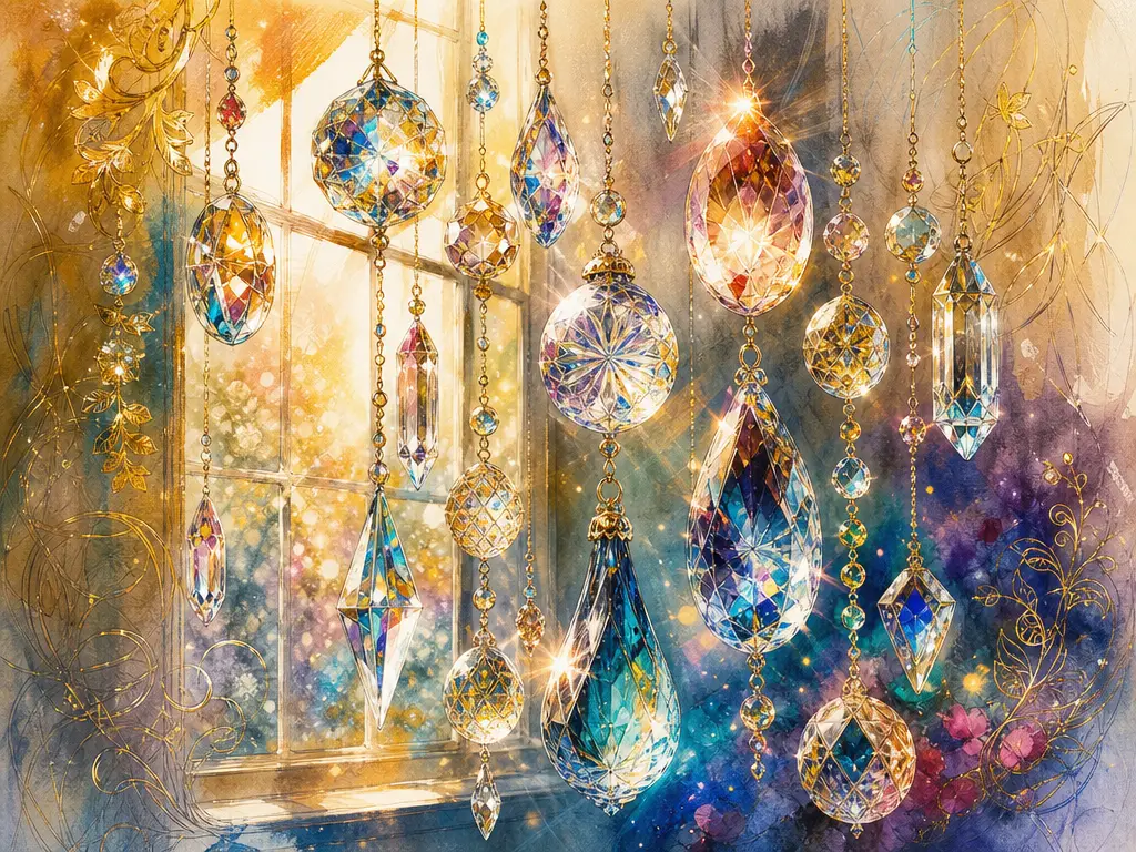 Bunte Glas­kristalle, die im Sonnenlicht am Fenster funkeln