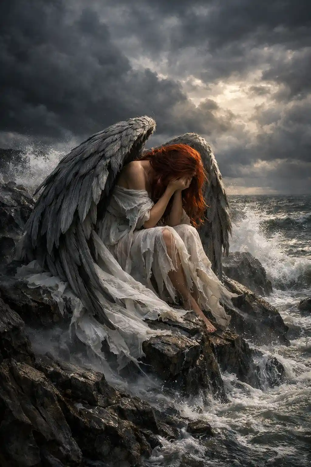 Fallen angel woman on stormy rocks by the sea