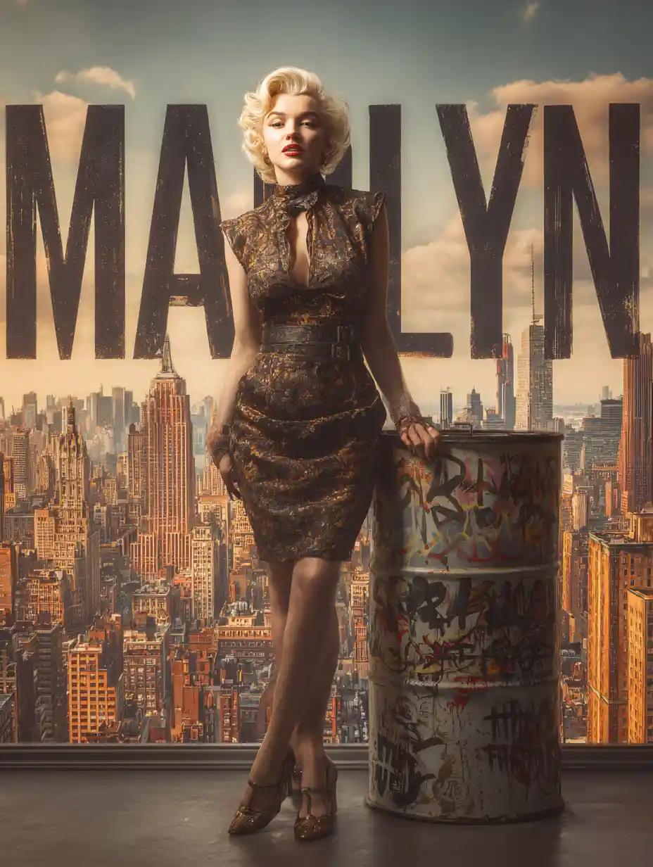 Glamorous woman posing before a glowing New York skyline