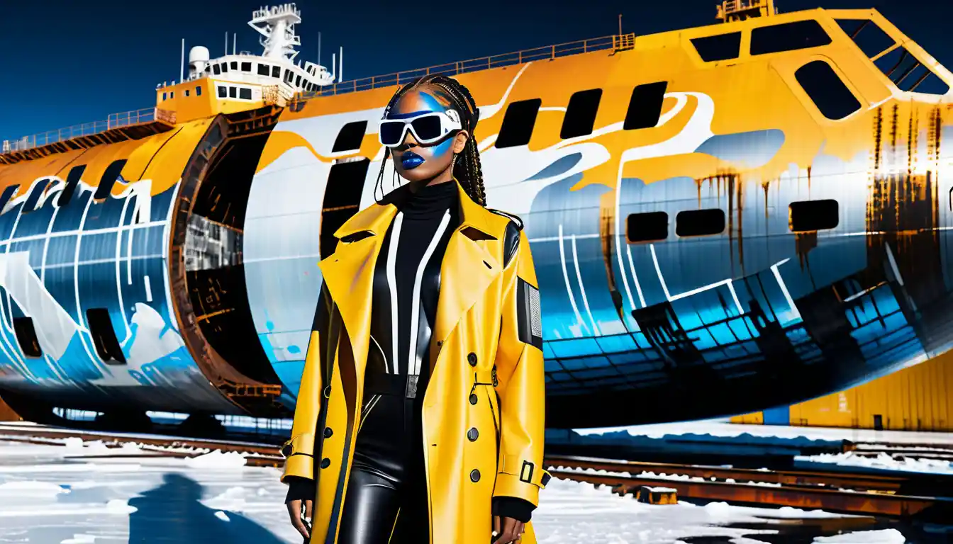 Cyber noir mural of a femme fatale on an icebreaker hull