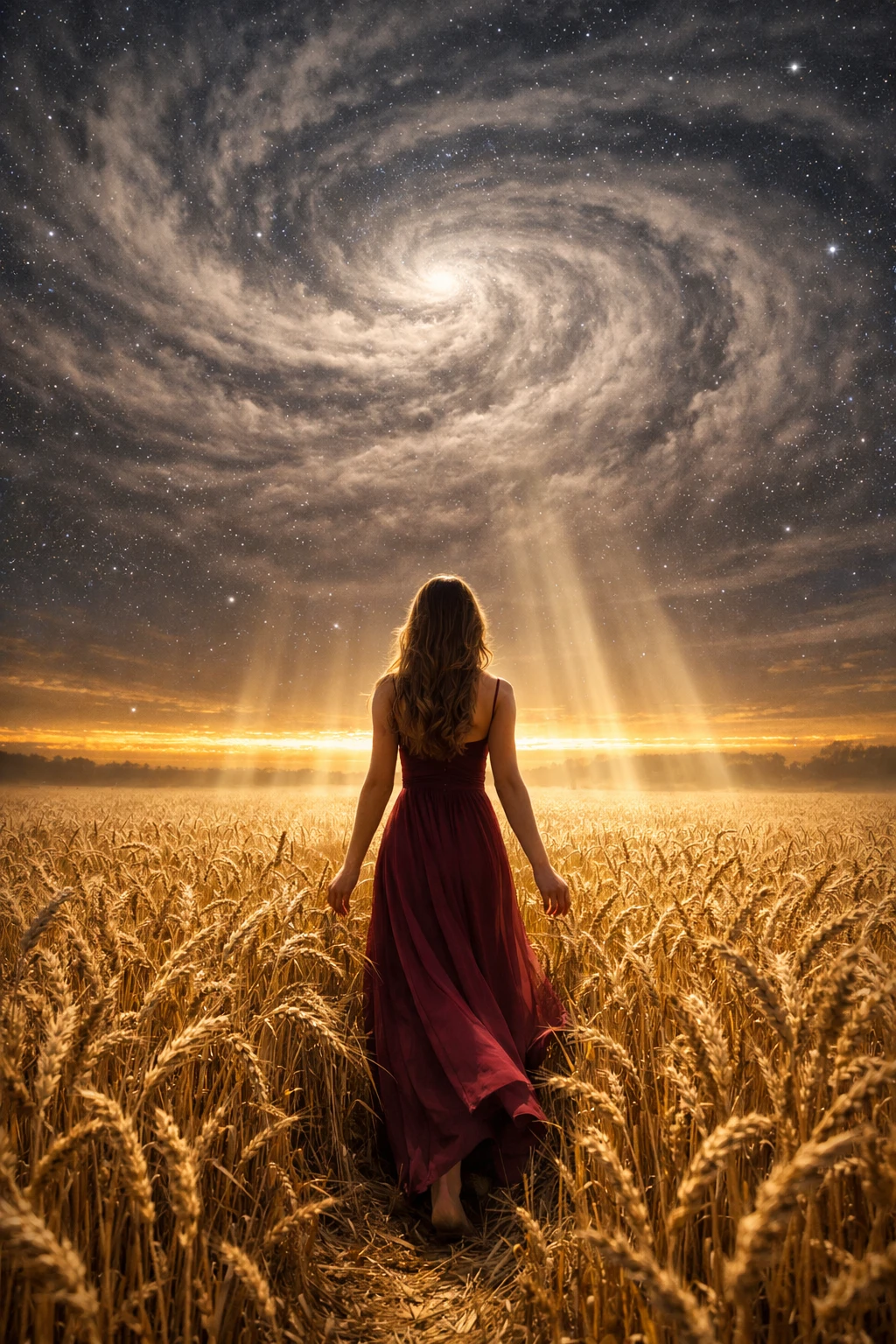 Woman in burgundy gown walking through golden wheat field