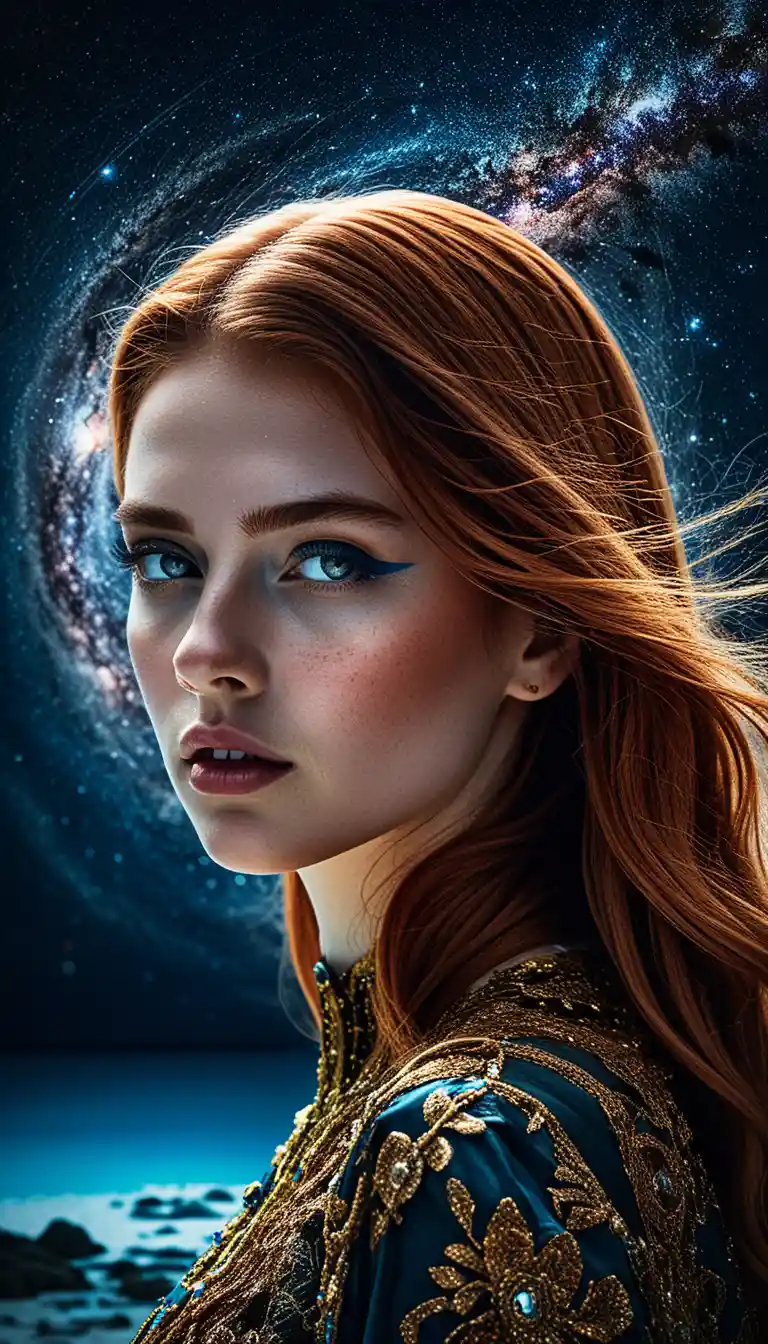 Red haired woman in modern clothes under a cosmic sky