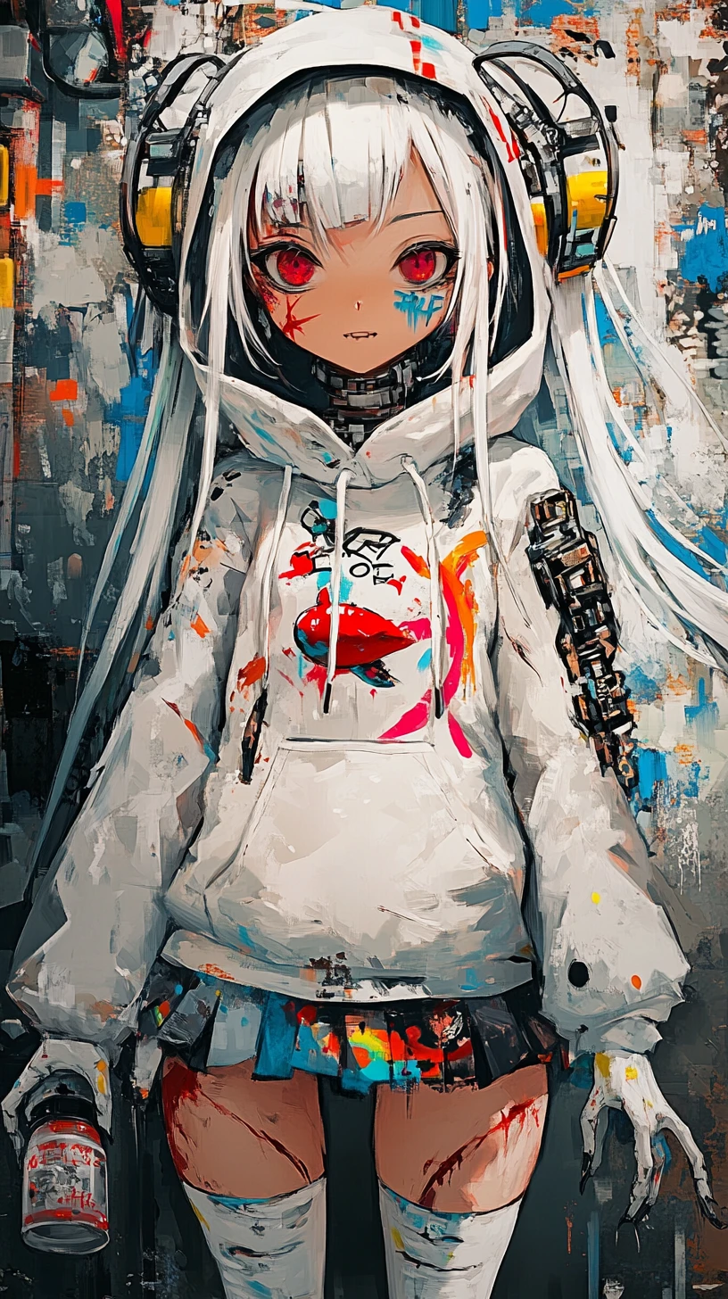Ragazza anime in un deserto industriale surreale con macchina d’acciaio