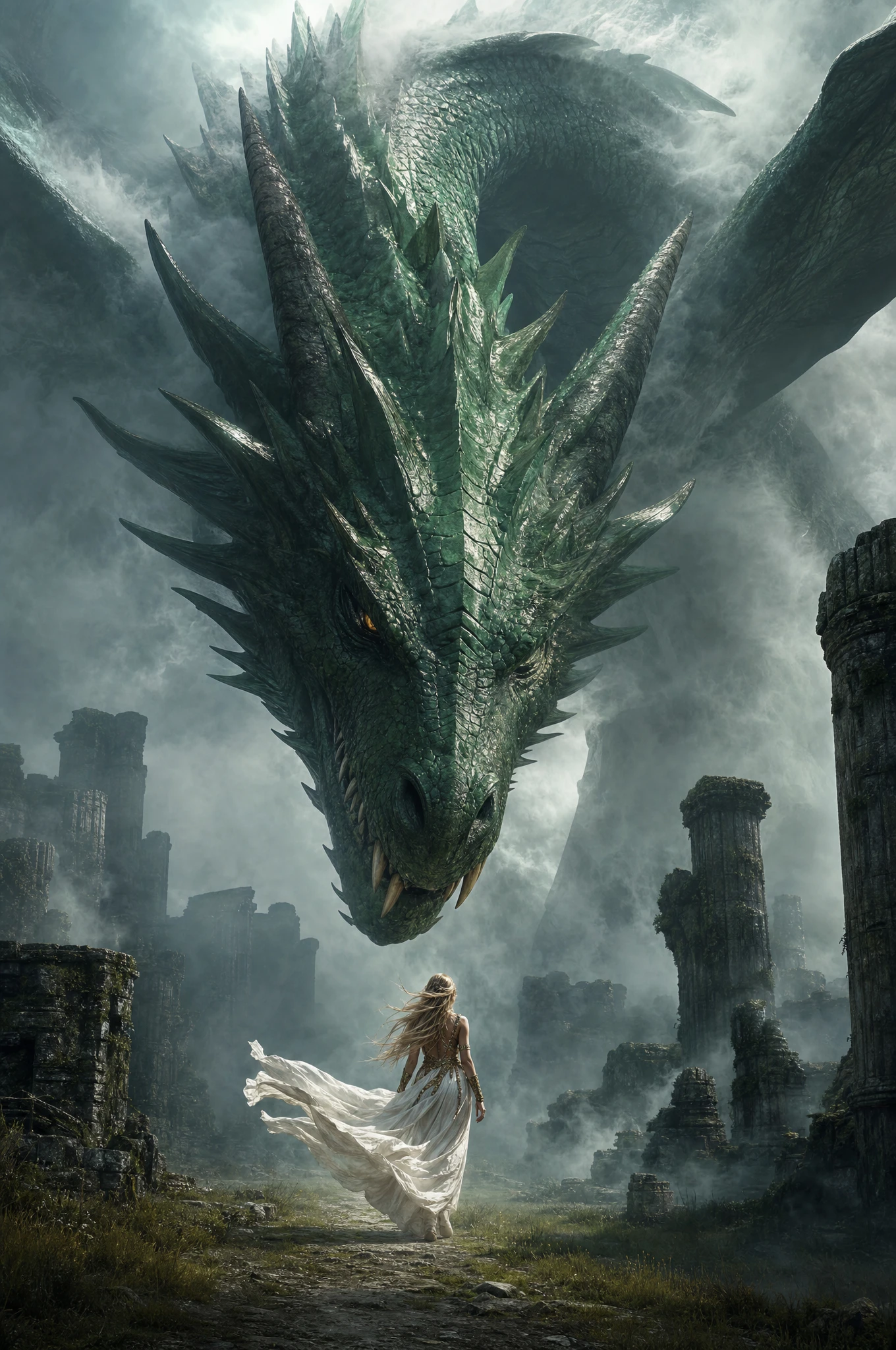 Emerald dragon looming over warrior in ancient misty ruins