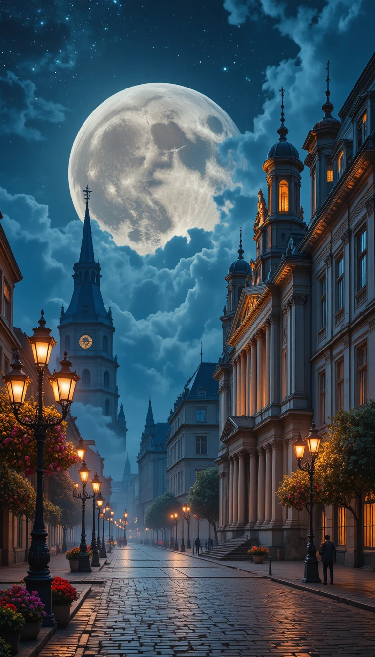 Romantic moonlit boulevard with grand cathedral and trees