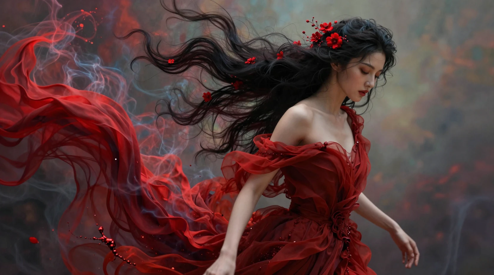 Surreal woman in red dress dissolving into swirling smoke