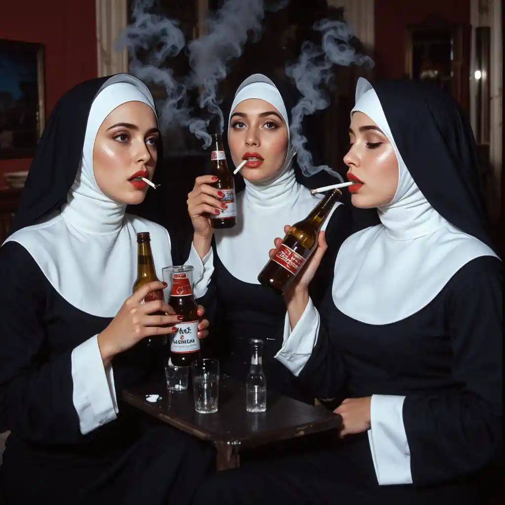 Nuns Smoking And Drinking Beer In A Playful Scene