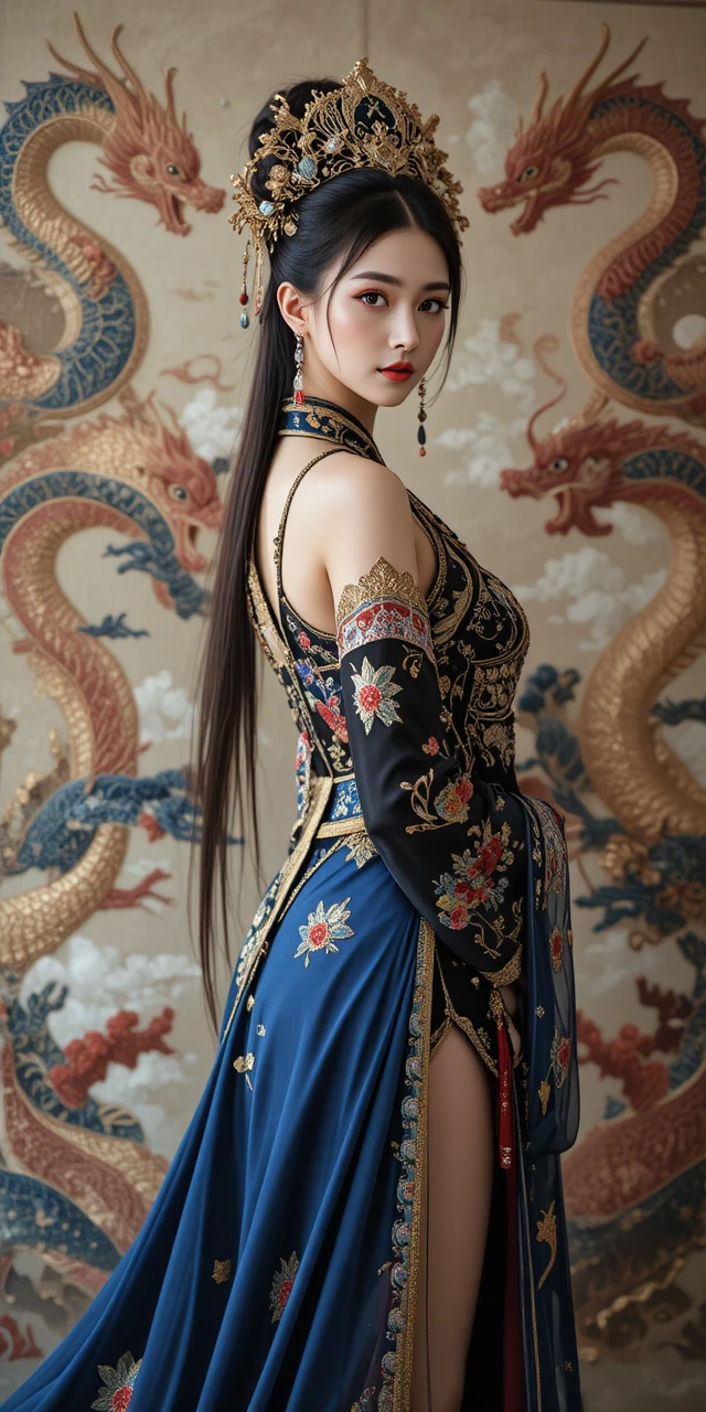 Elegant hanfu beauty in ornate dragon and phoenix attire