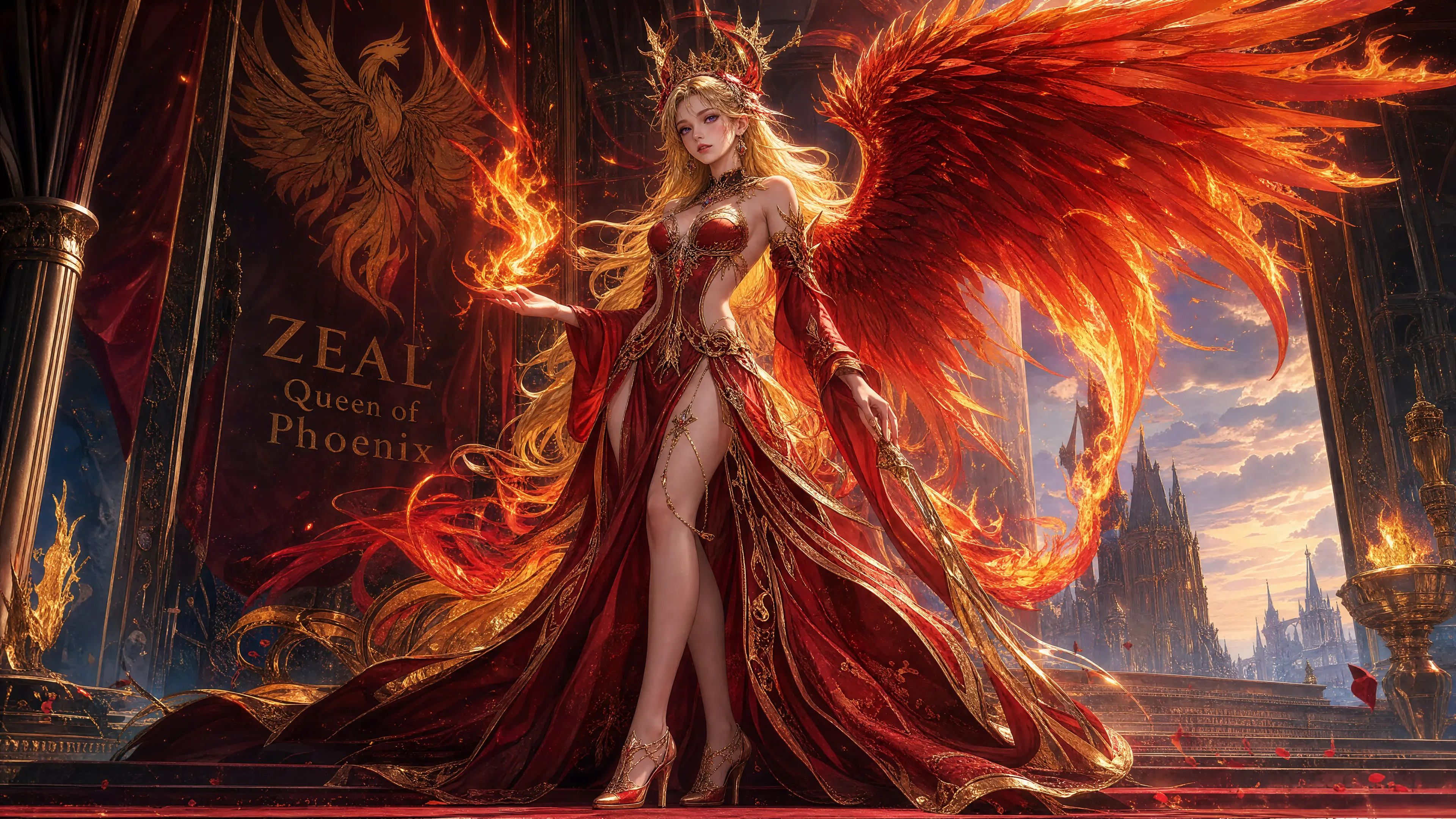 Regal phoenix queen with blazing red wings and crown