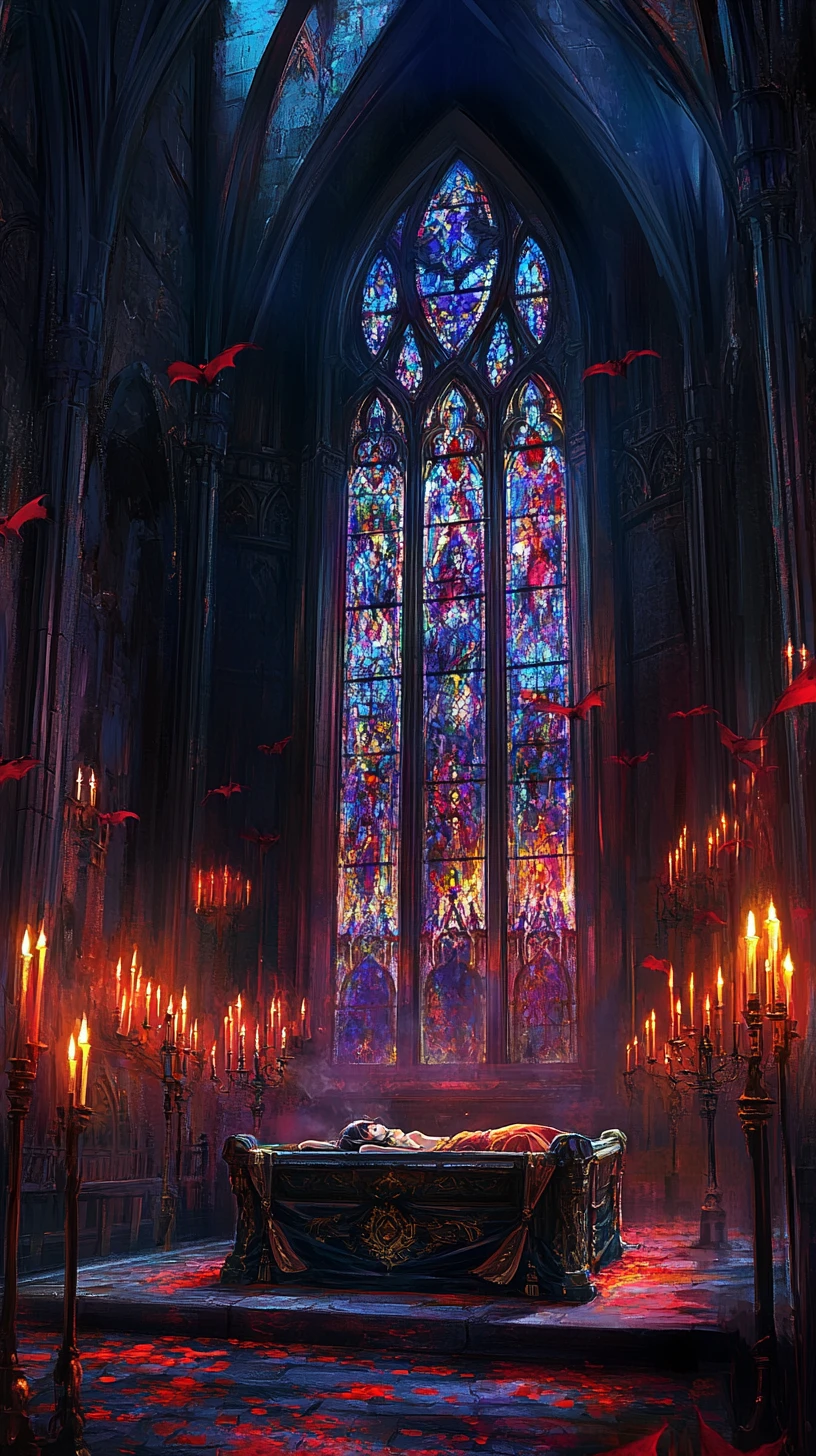 Gothic cathedral interior with chained coffin and sleeping girl