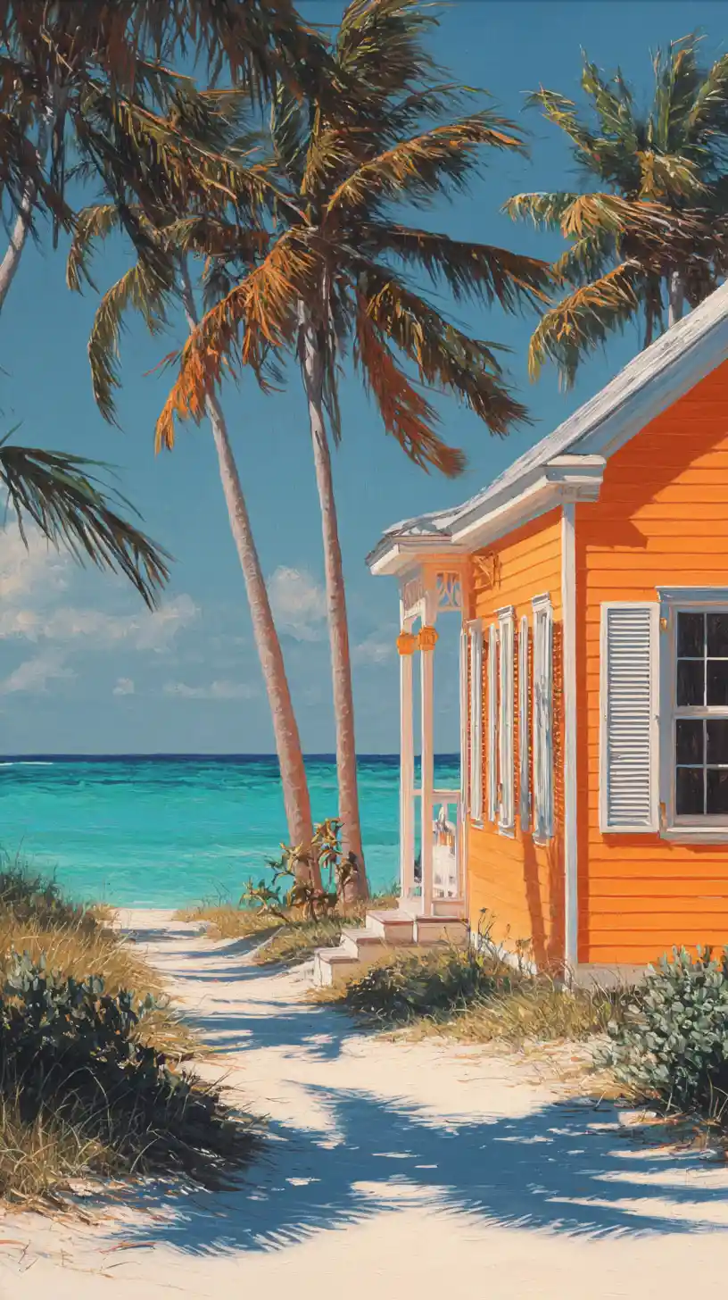 Orange beach house with palm trees and ocean view