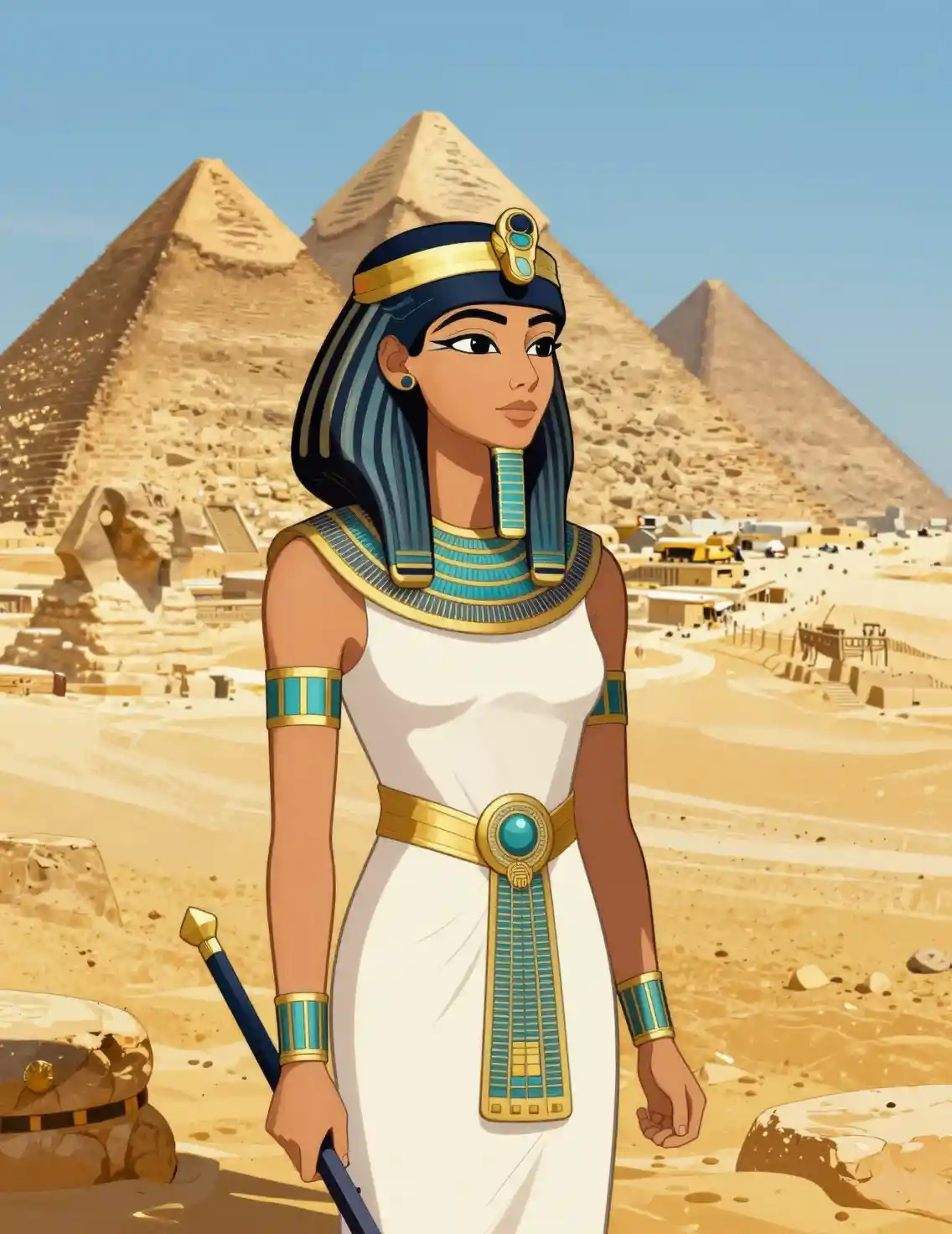 Ancient Egyptian princess standing before distant desert pyramids