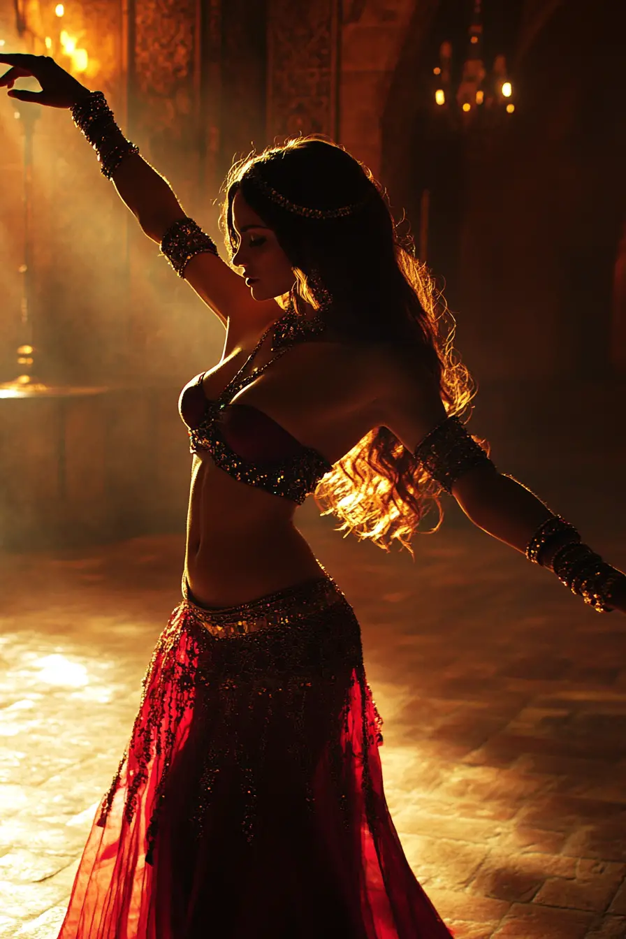 Elegant dancer poised in torchlit medieval chamber