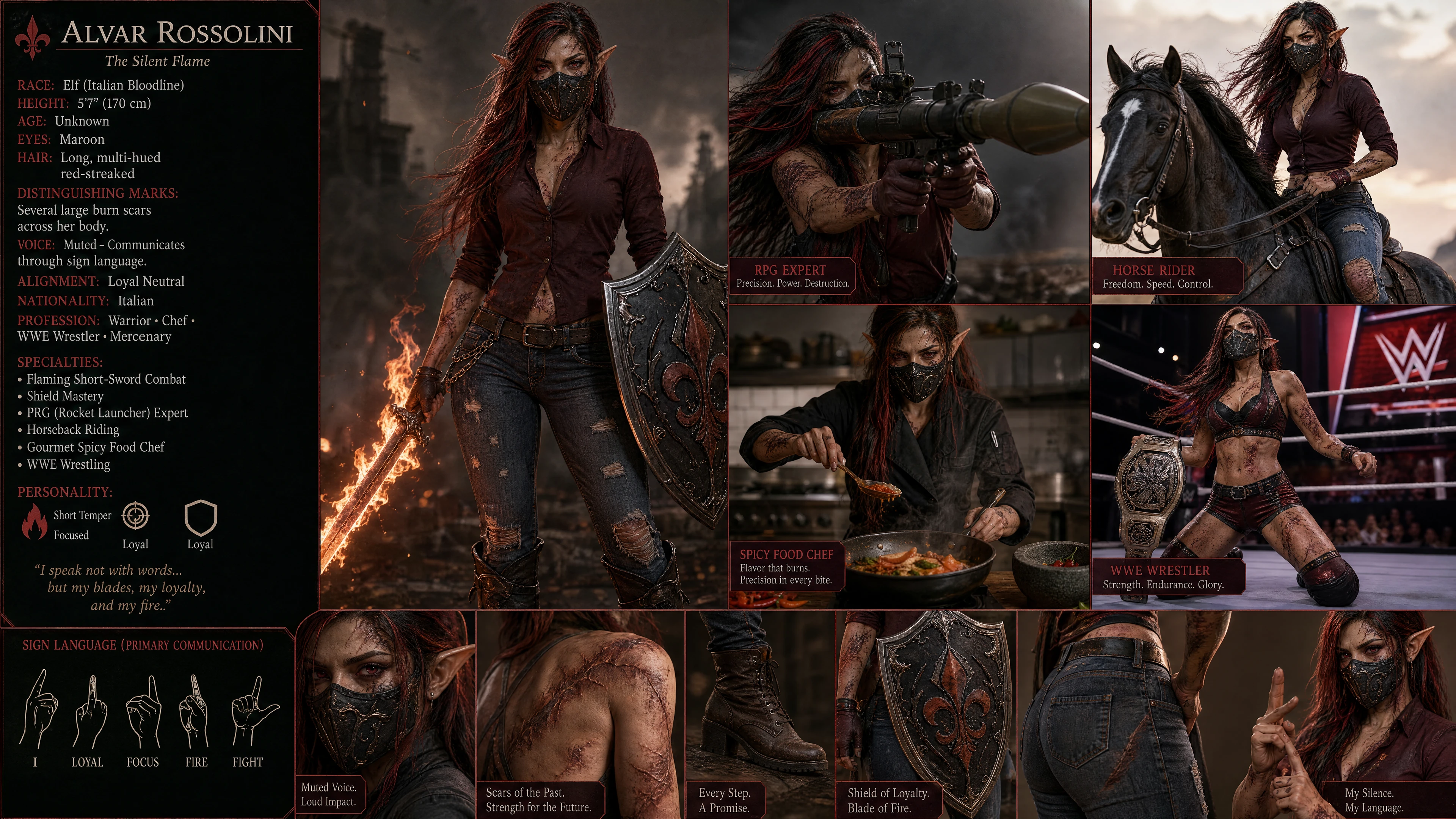 Scarred elven warrior woman with mask and burning sword