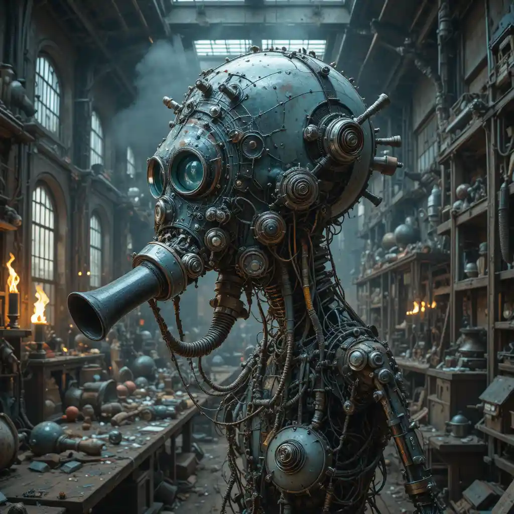 Surreal mechanical crow headed terror machine in doll factory