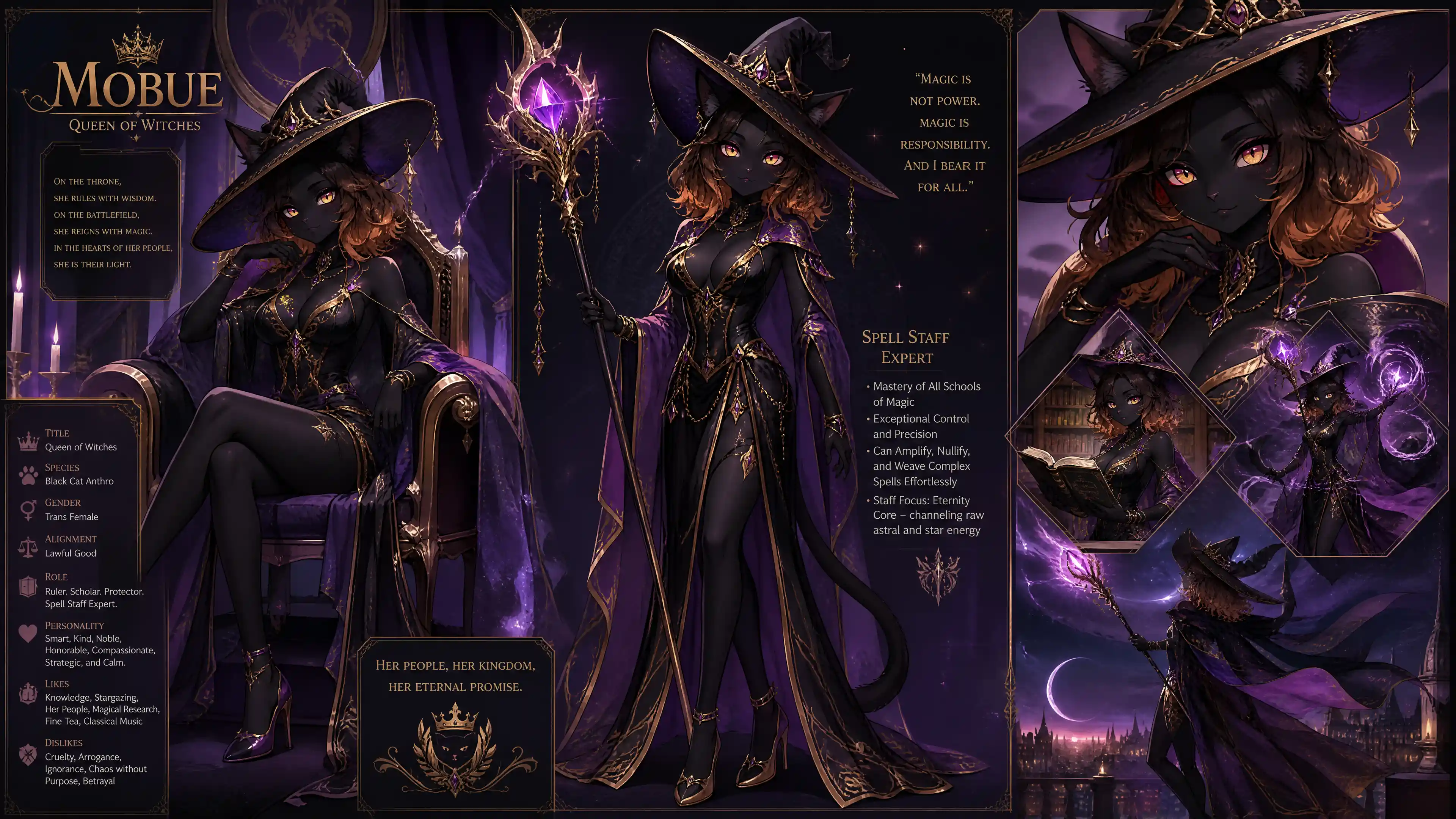 Regal black cat witch queen with ornate staff and hat