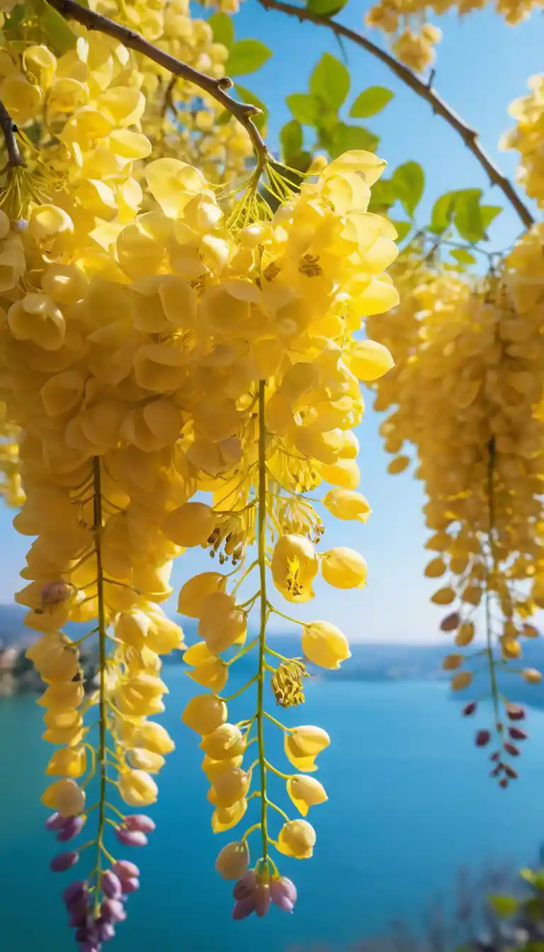 Golden wisteria blooms with colorful songbirds by turquoise lake