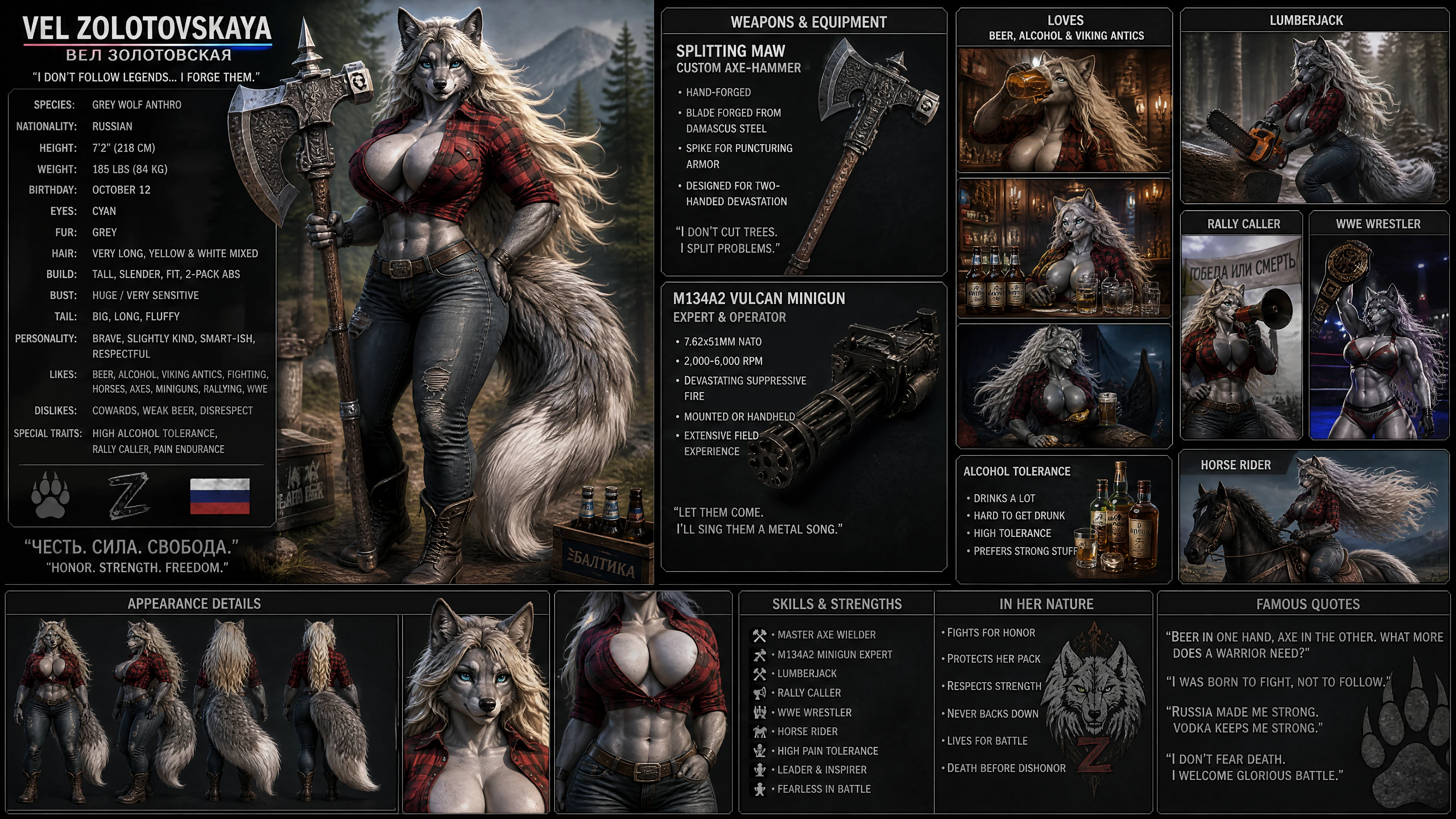Tall grey wolf warrior woman with axe in forest