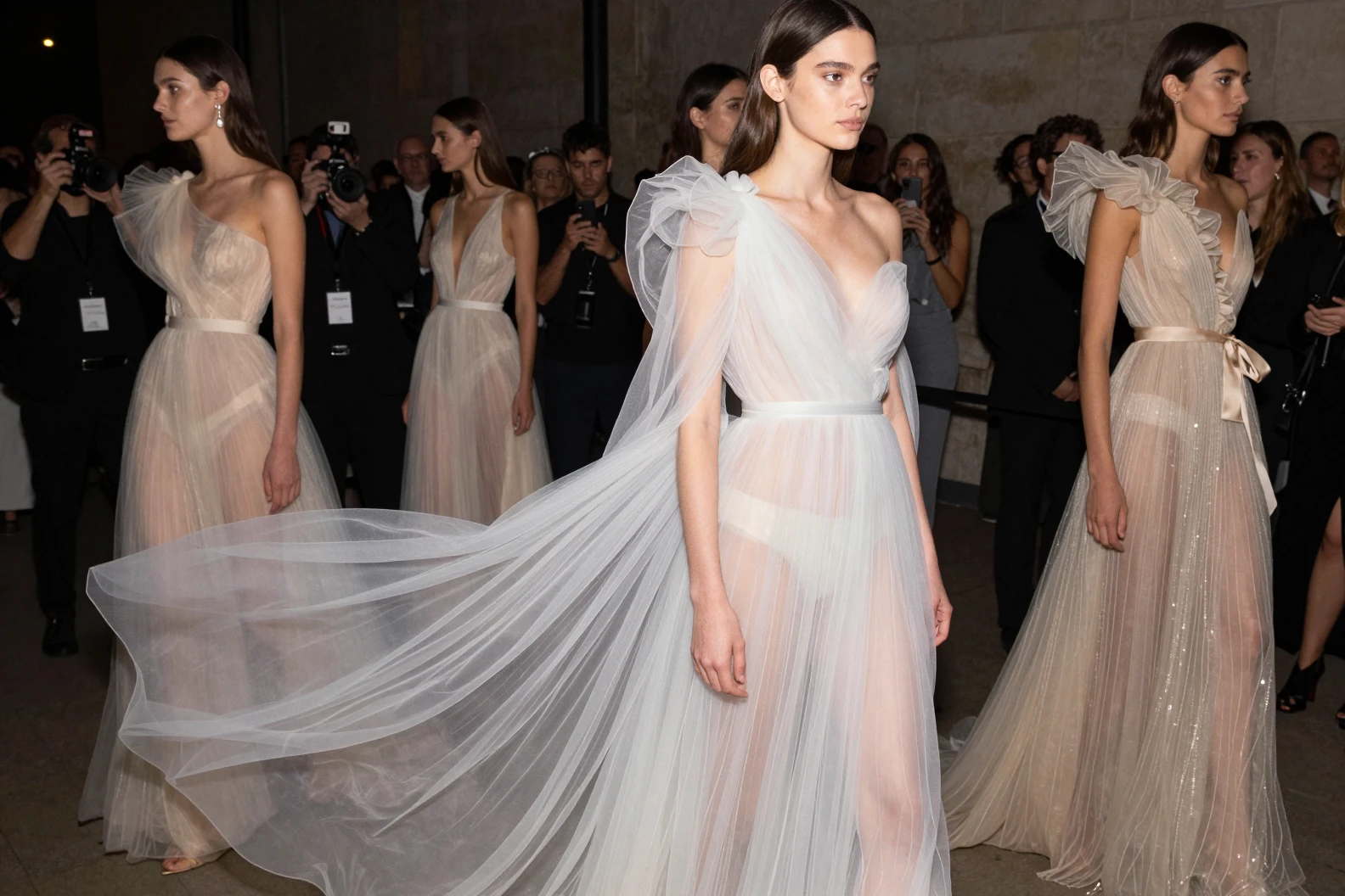Haute couture evening gowns at an exclusive private party