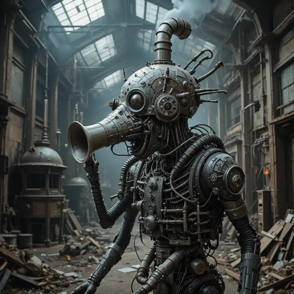 Surreal glass crow headed machine creature in factory interior