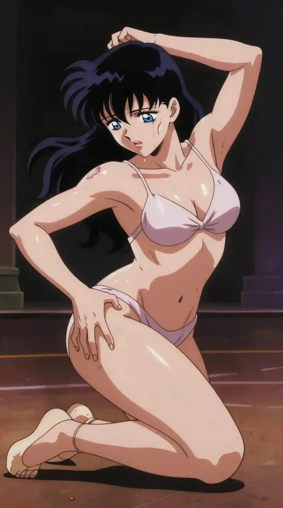 Anime princess dancing in turmoil on dimly lit stage