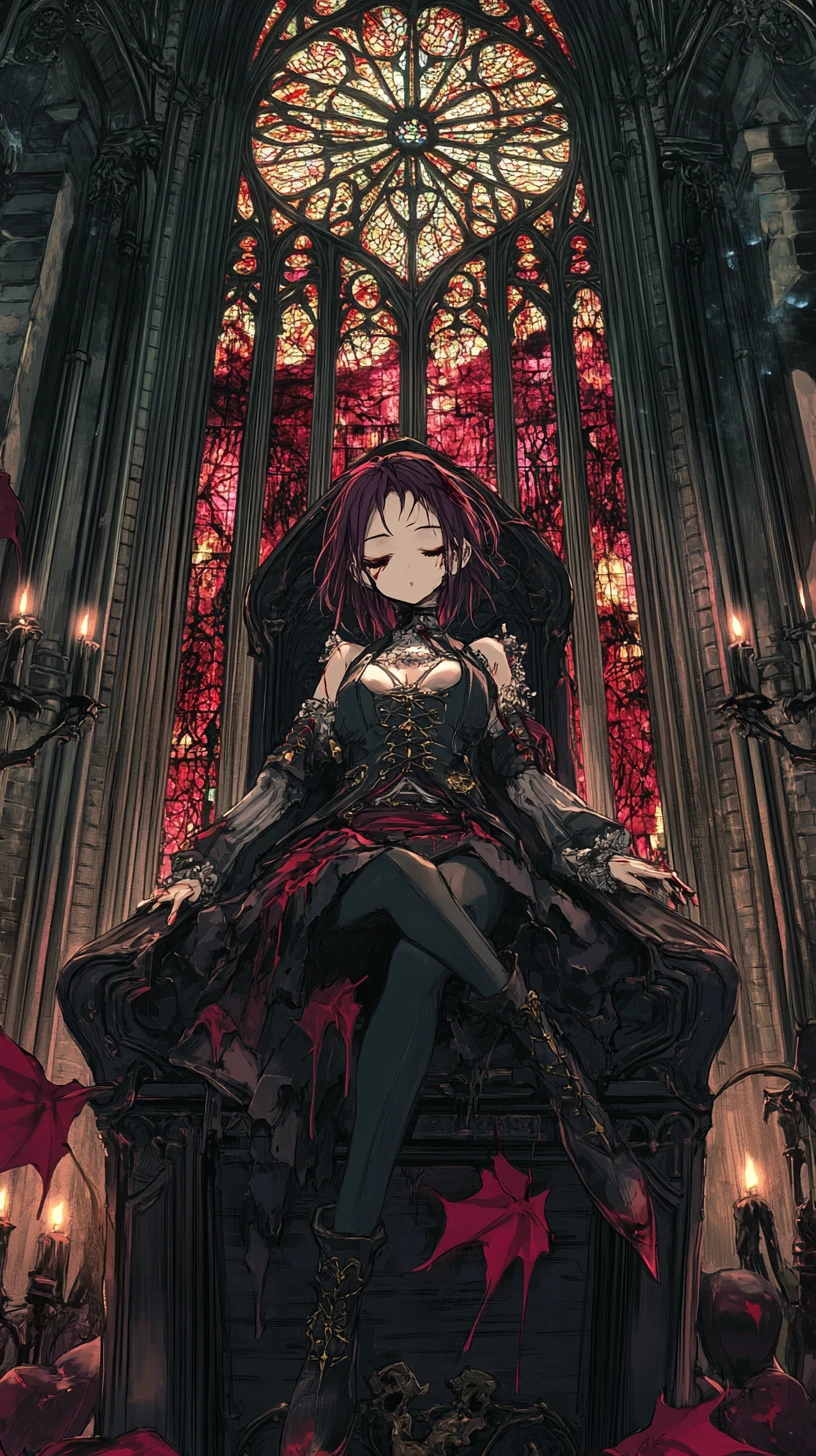 Anime girl sleeping in chained coffin in gothic cathedral