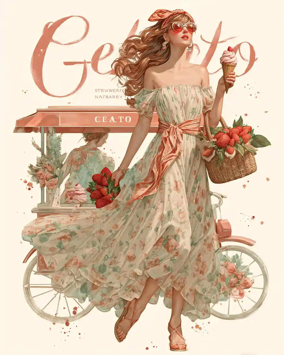 Strawberry dress girl with gelato and flowing hair