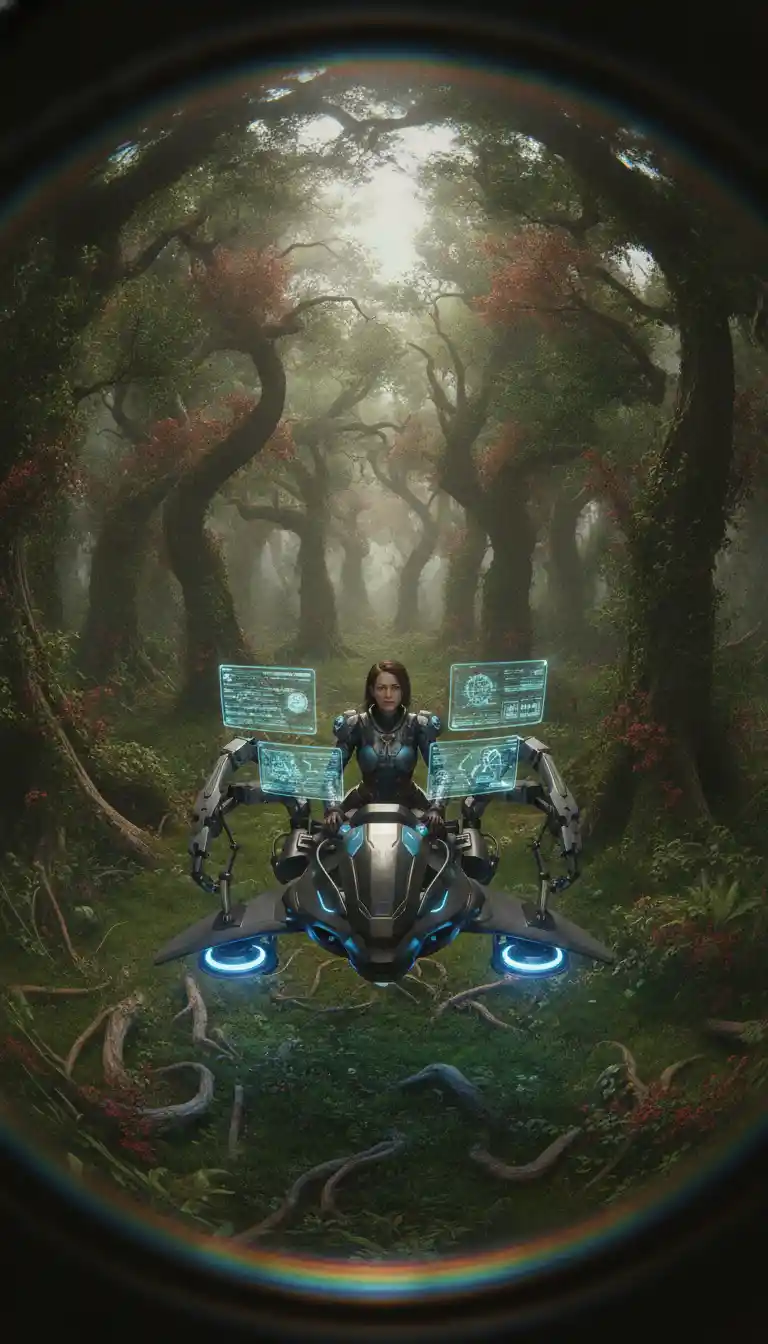Female paleontologist piloting a hover craft in eerie forest
