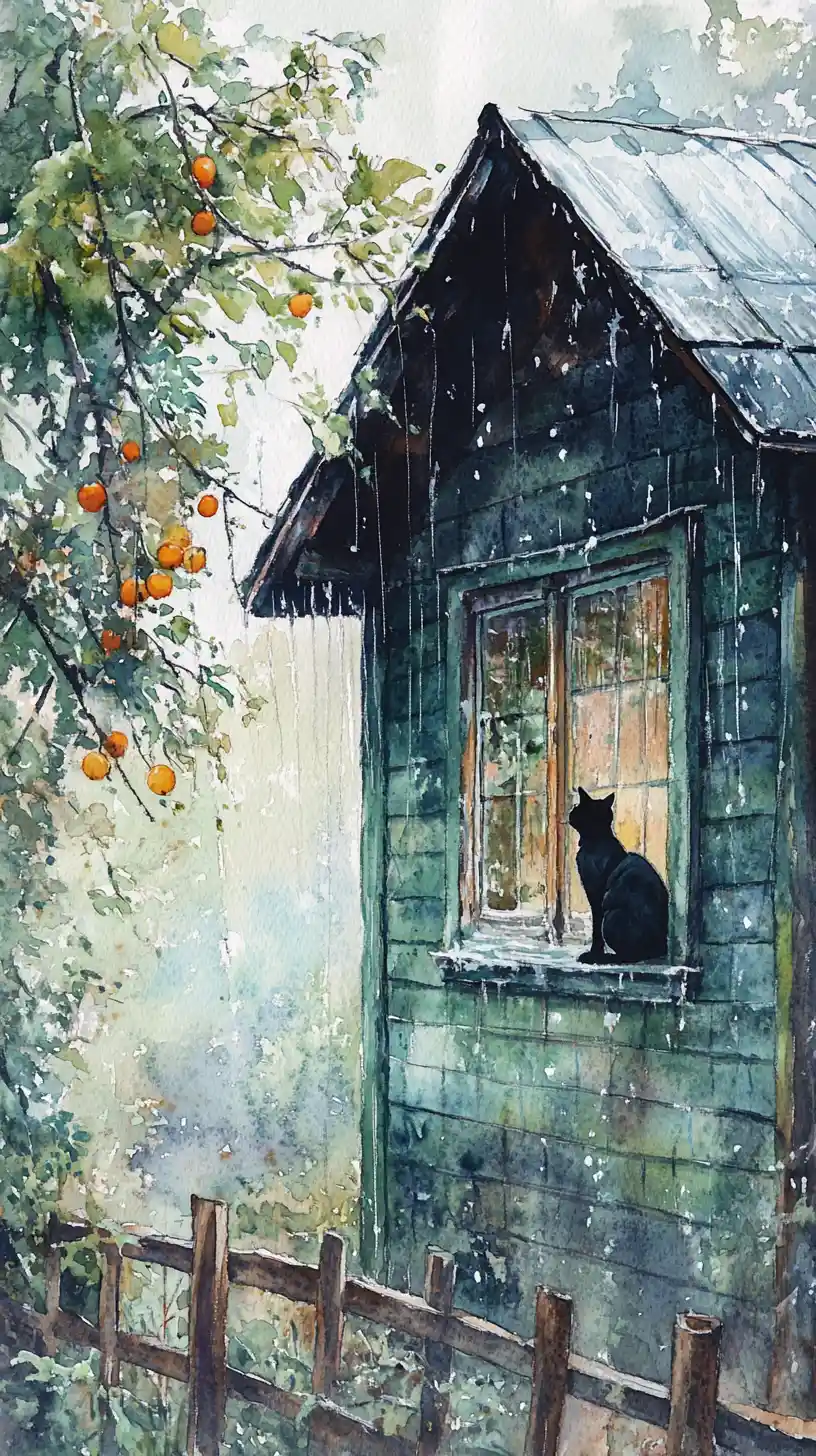 Watercolor of a rustic green house with a black cat