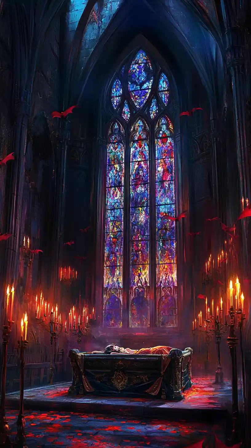 Gothic cathedral interior with chained coffin and sleeping girl