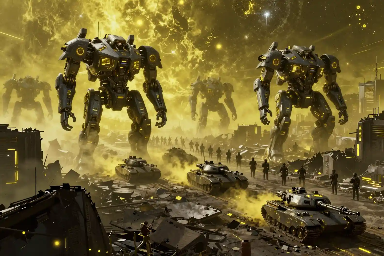Futuristic super soldiers and mechs in a ruined sci fi city