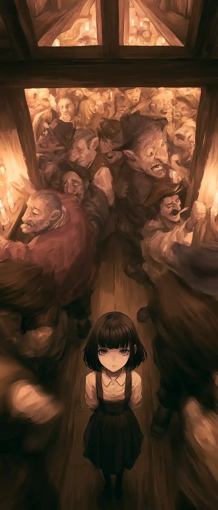 Sad anime girl amid rowdy tavern dancers in candlelight
