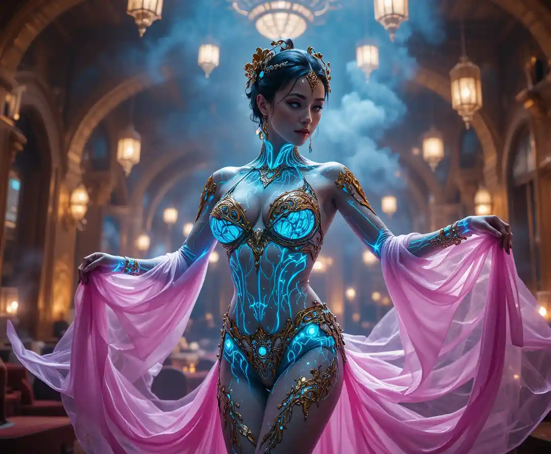 Futuristic gynoid belly dancer in shimmering silk veils