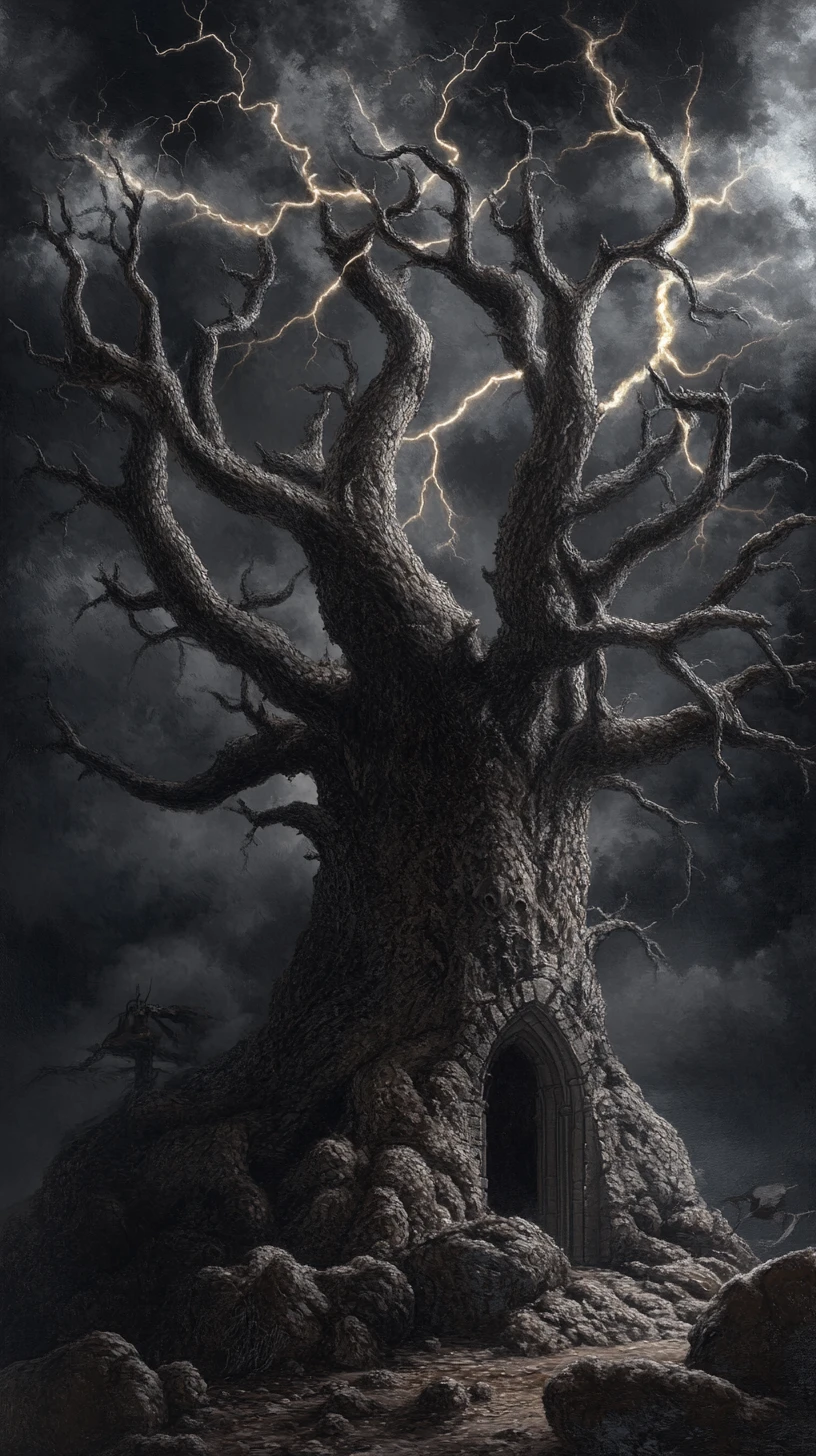 Massive oak transforming into a majestic antlered stag