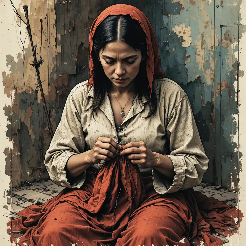 Weary woman in rags sewing with needle and thread indoors