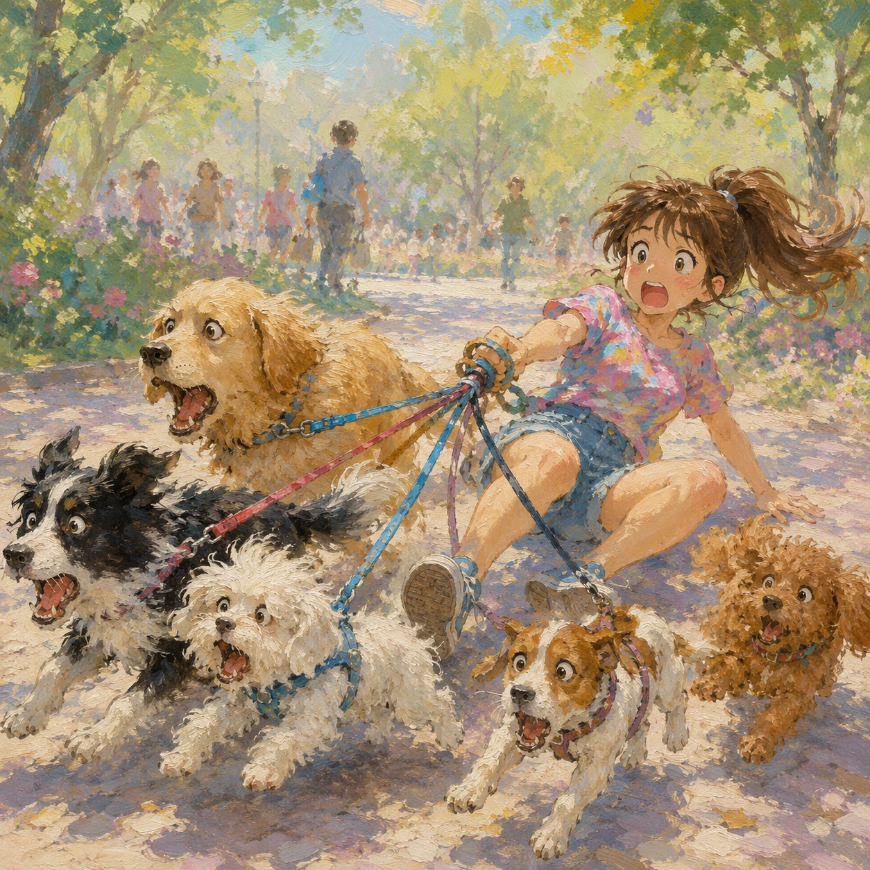 Chica paseando perros juguetones en un parque soleado de la ciudad