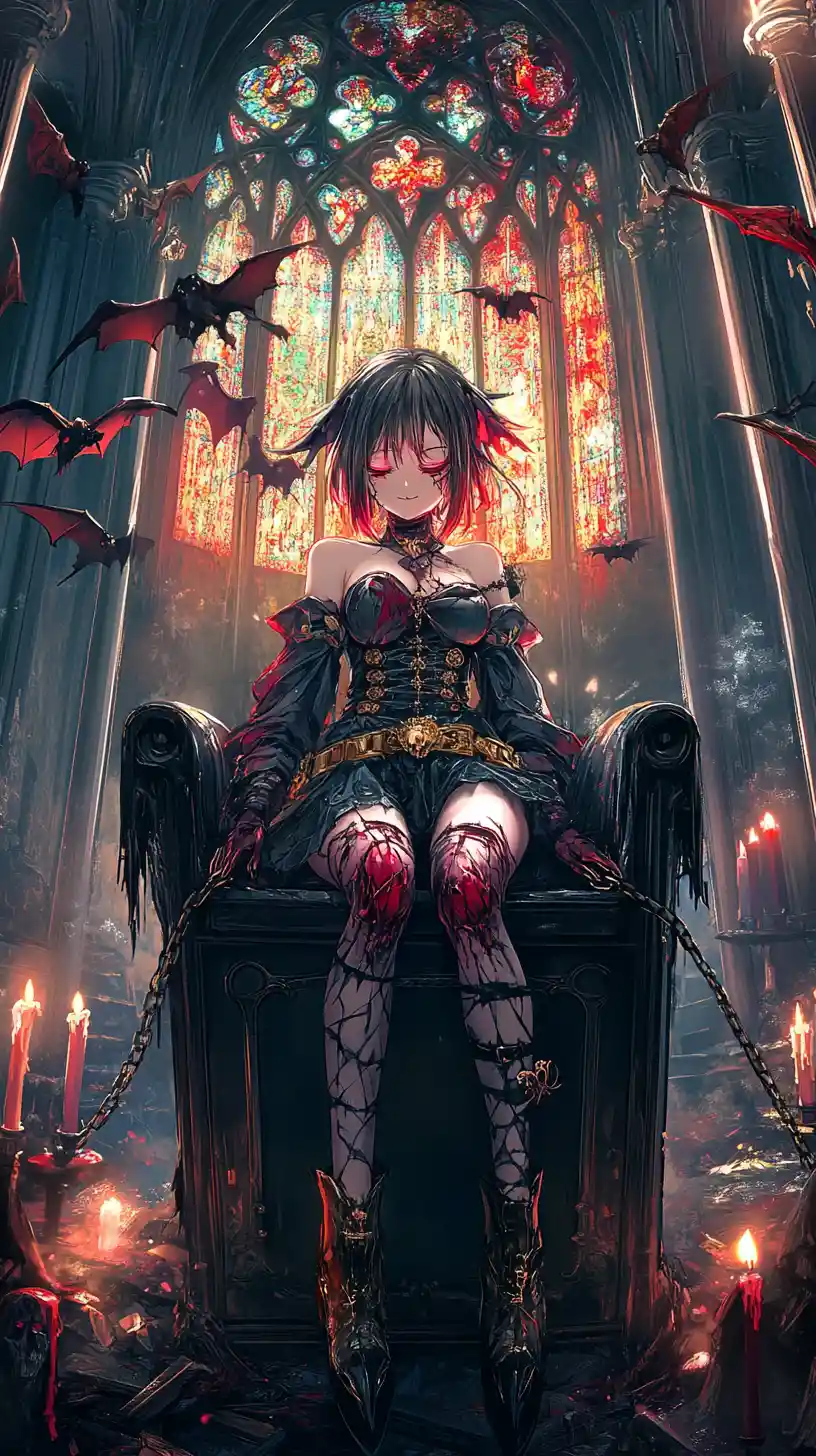 Anime girl sleeping in chained coffin in gothic cathedral