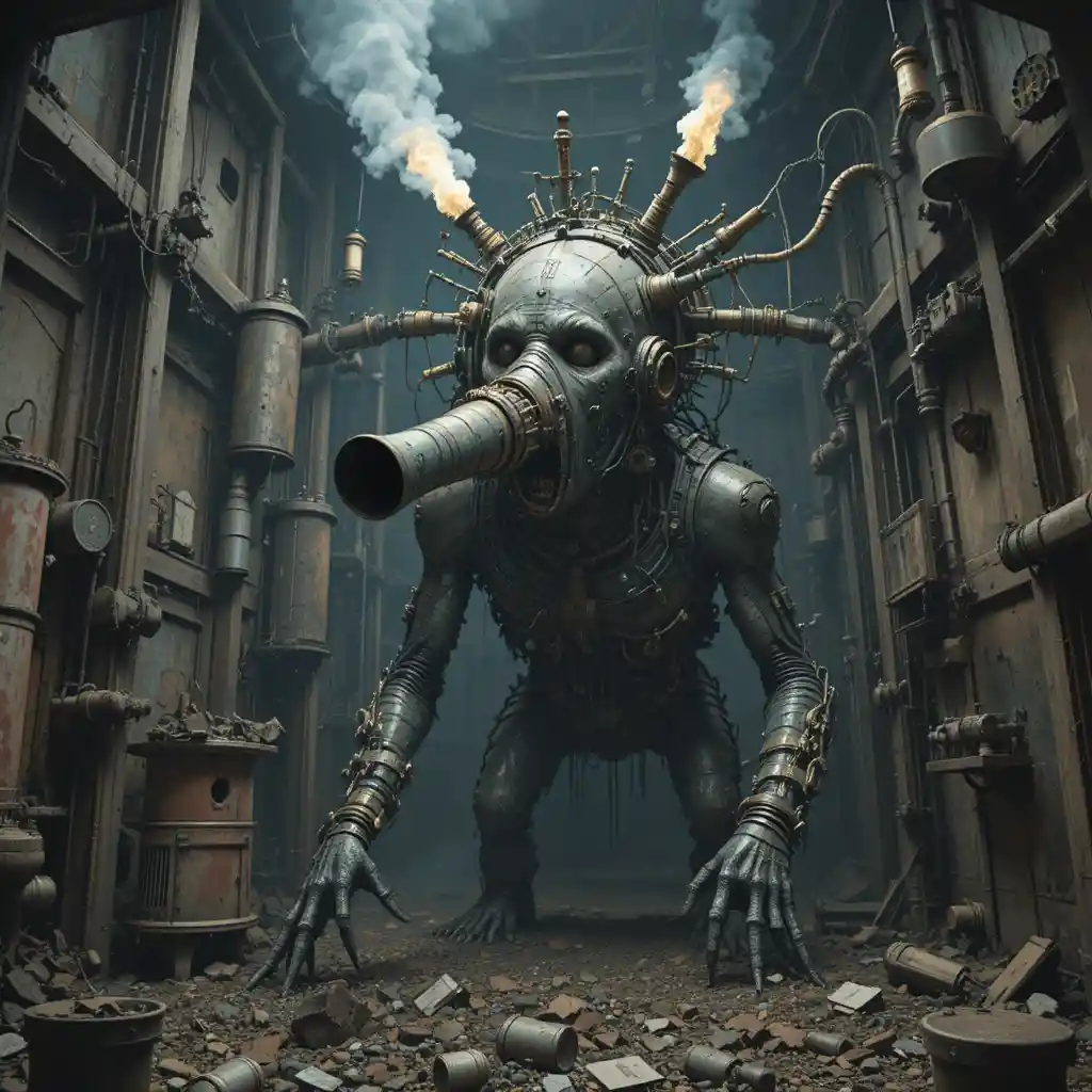 Surreal terror machine monster in an abandoned water tower