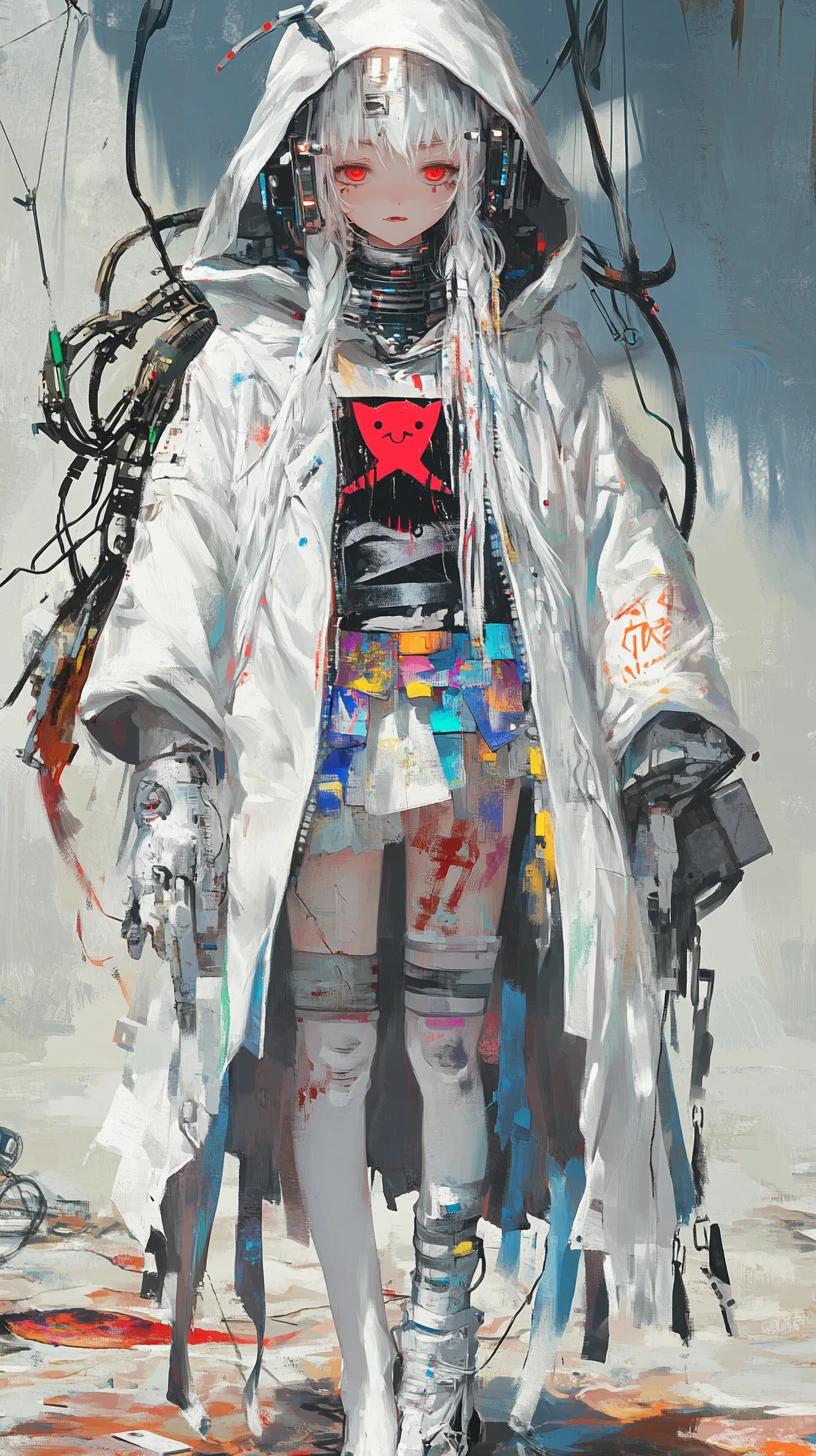 Anime girl in white coat standing in surreal desert ruins