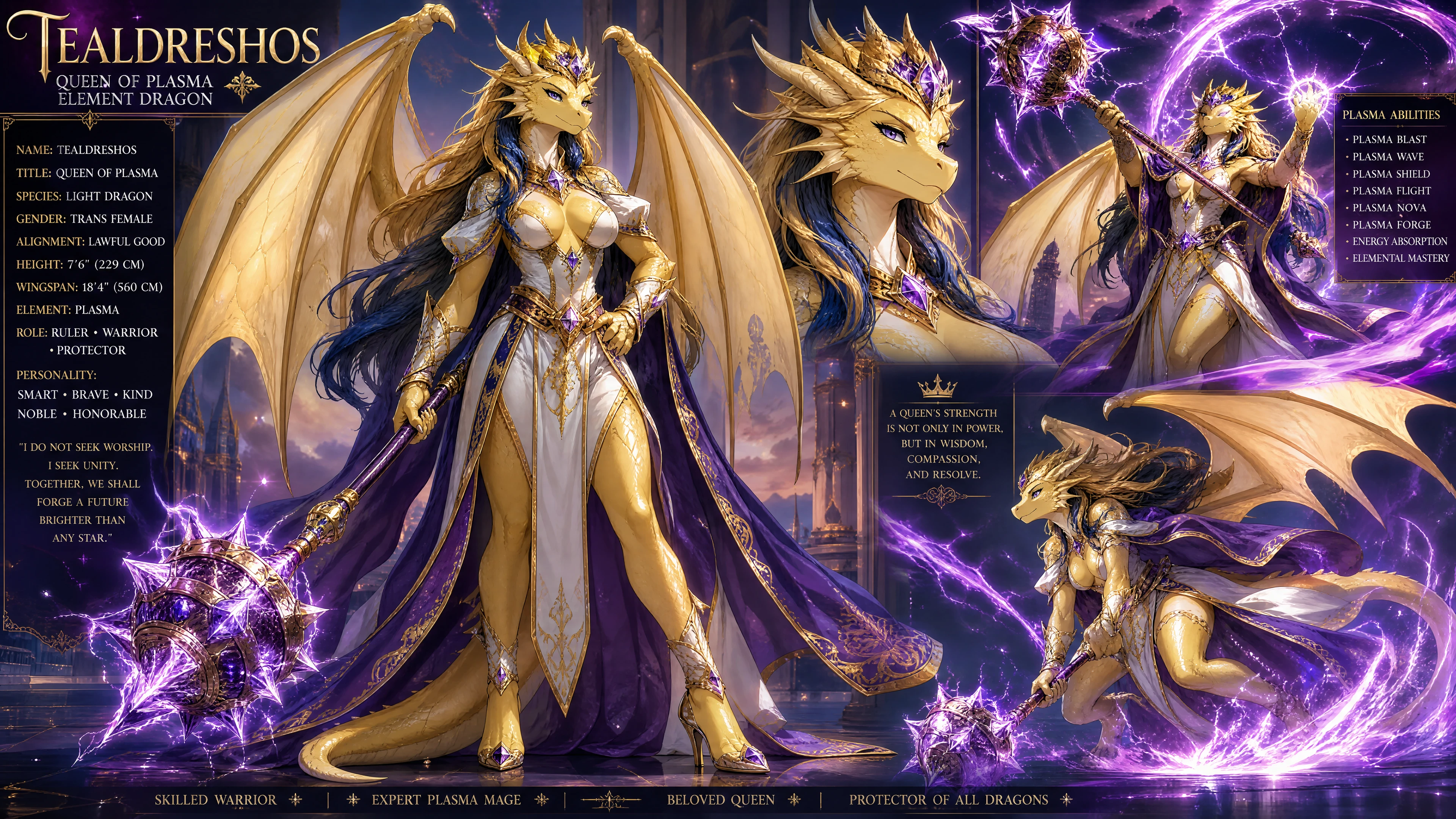 Winged dragon queen in royal garments with plasma mace