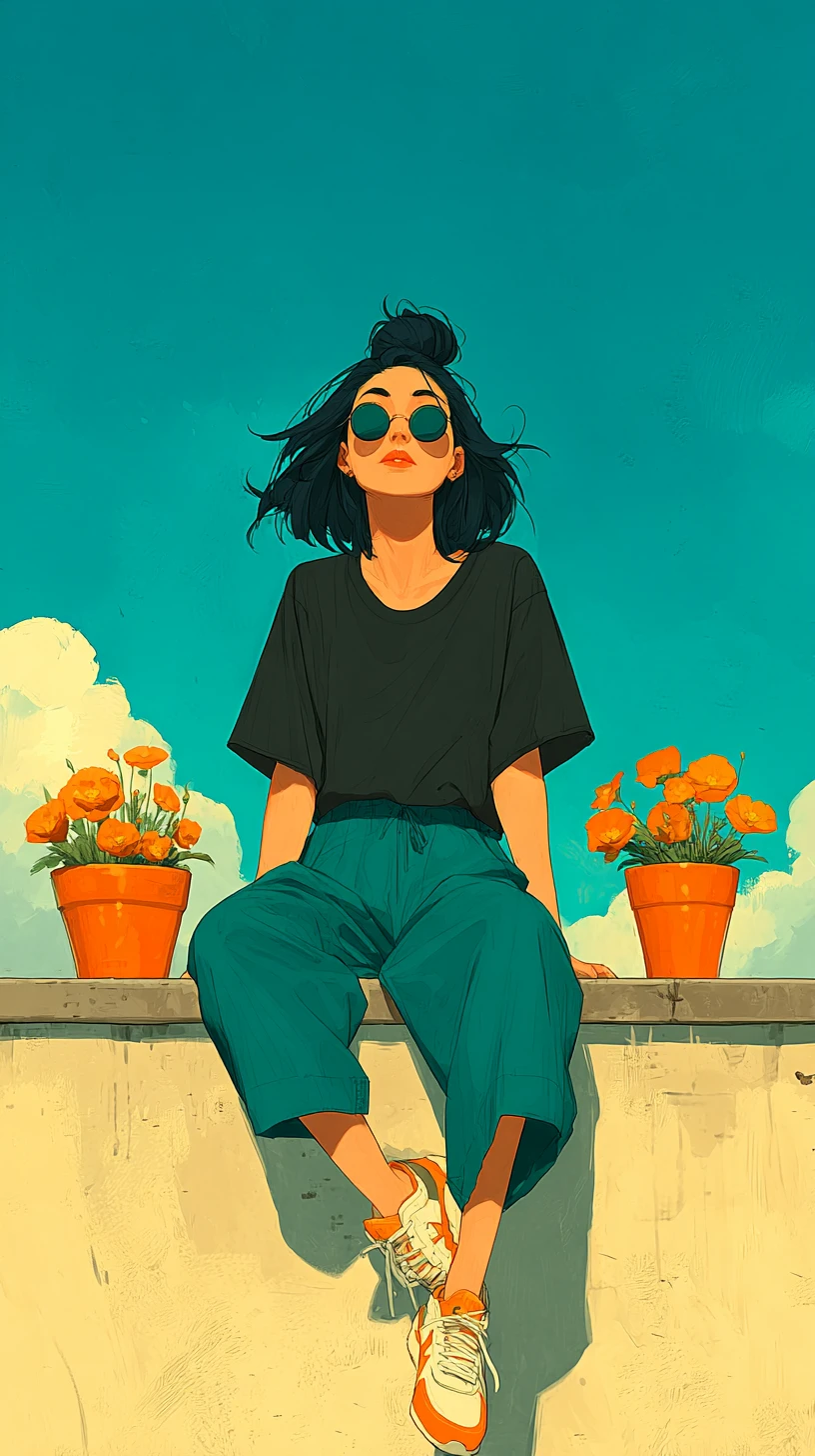 Relaxed girl sitting on a balcony ledge at sunset