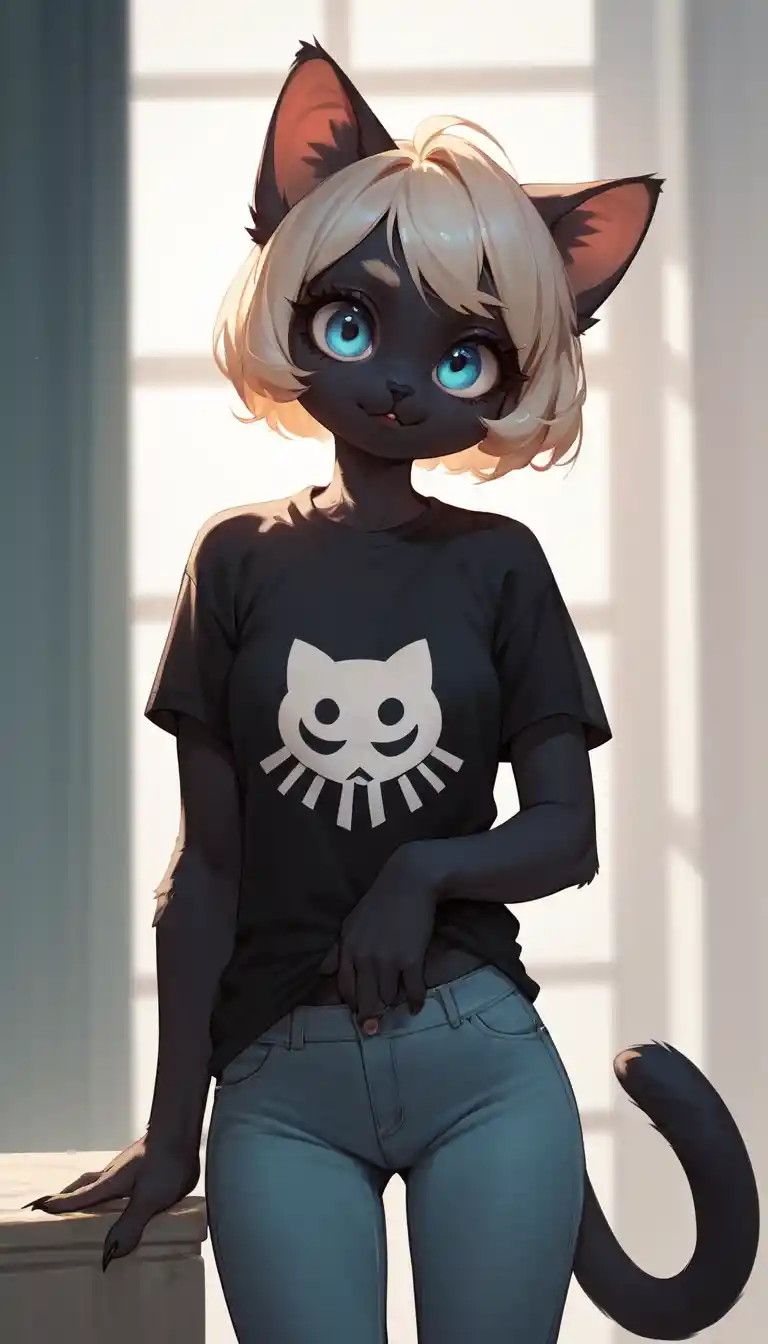 Cute anthropomorphic black cat with big eyes in casual clothes