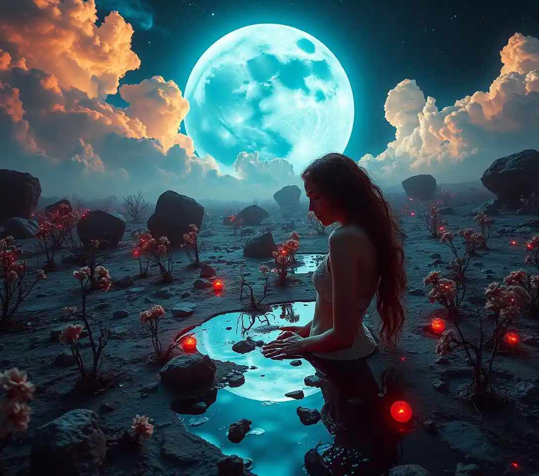 Heavenlike woman standing in a surreal celestial realm