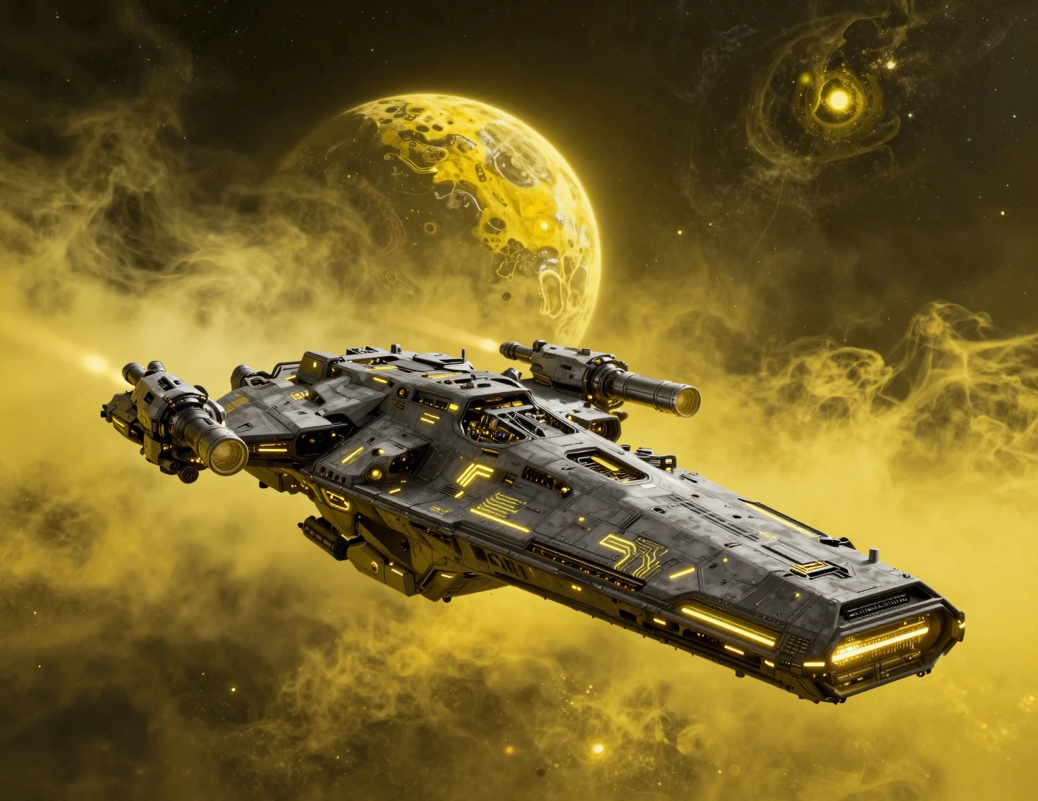 Gigantic sci fi battleship facing forward in deep space