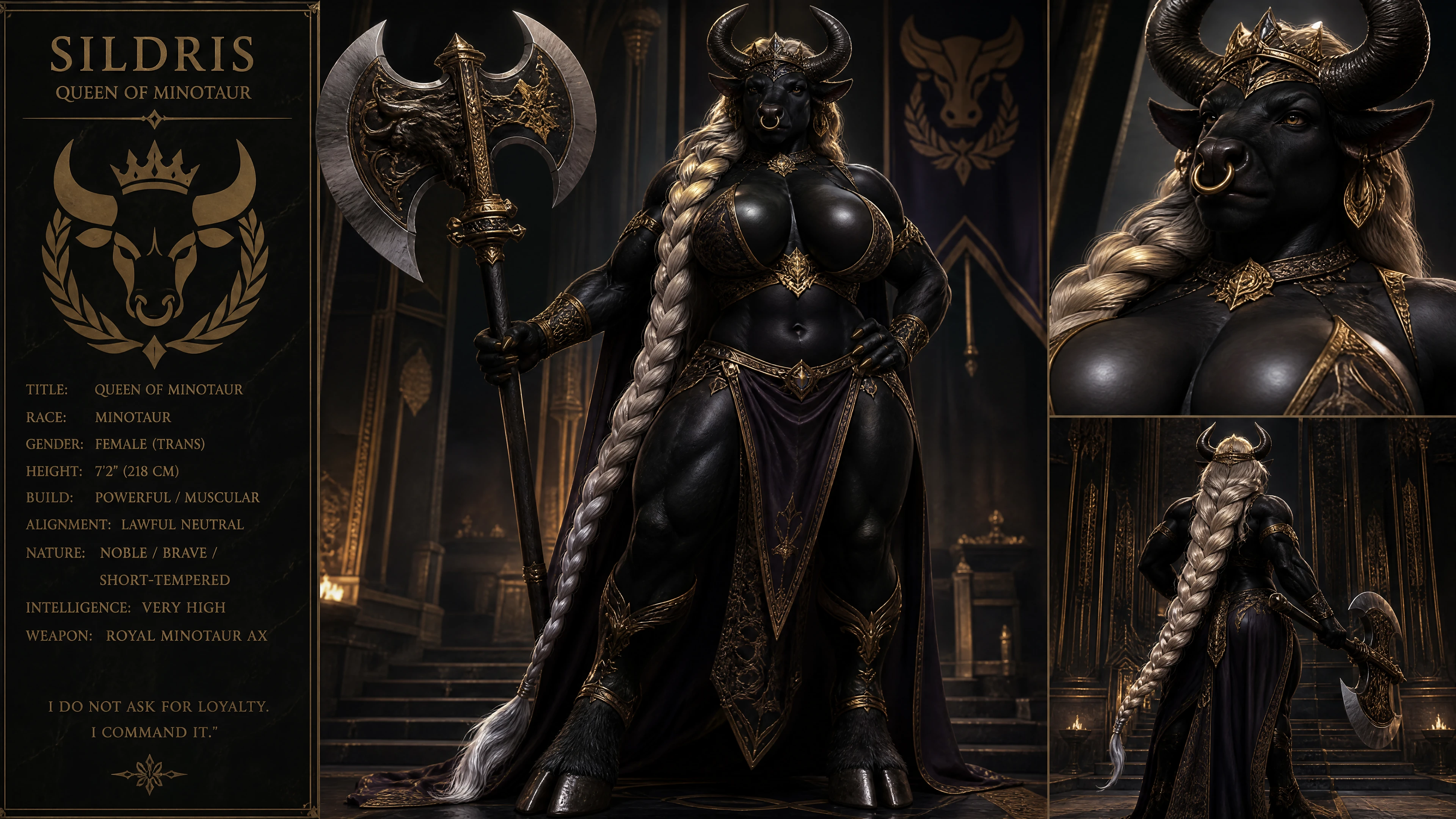 Regal minotaur queen with long braided blonde hair