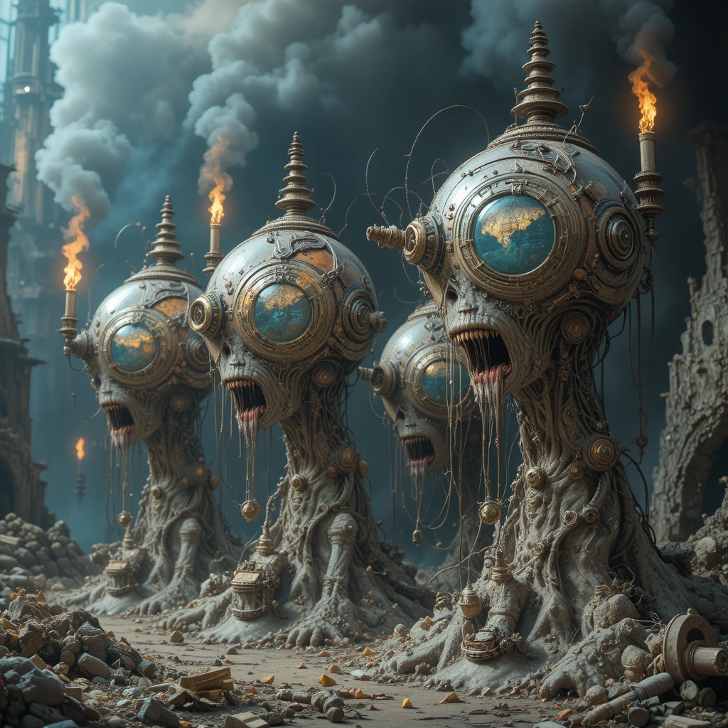 Surreal mechanical beings in a vivid fever dream vision